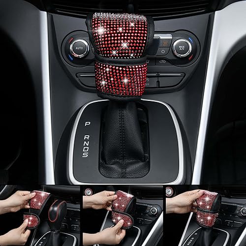 Miniatura 4 de CAR PASS Juego de 7 fundas para volante de color rojo brillante para mujer, cojín de cinturón de seguridad con diamantes de imitación brillantes,