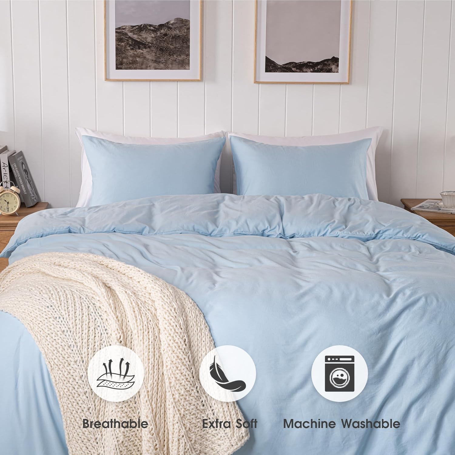 Light Blue Super Soft Duvet Cover King Size, 3 Pcs Prewashed Cotton-Like Microfiber Bedding Comforter Cover with Button Closure, Includes 1 Duvet cover 104x90" & 2 Pillowcases, Comforter Not Included