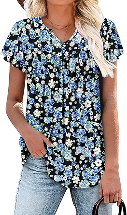 KISSMODA Tops for Womens Summer Cute Short Sleeve Shirts Trendy Notched Neck Blouses Casual Loose Pleated Tunics S-3Xl