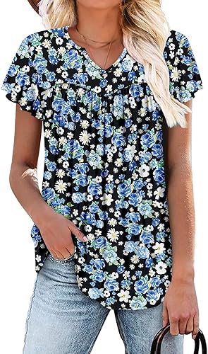 KISSMODA Tops for Womens Summer Cute Short Sleeve Shirts Trendy Notched Neck Blouses Casual Loose Pleated Tunics S-3Xl
