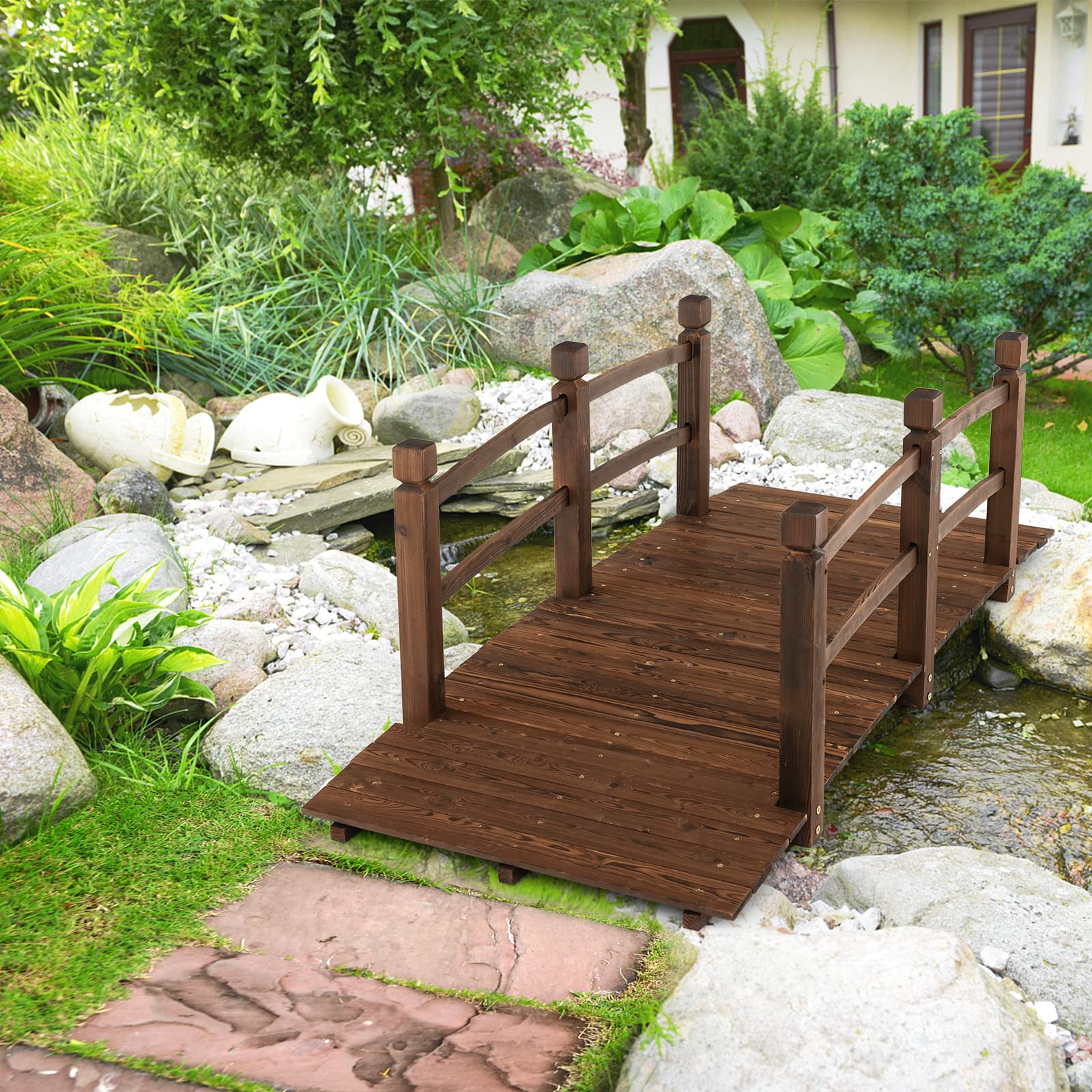 RELAX4LIFE Pont de Jardin Extérieur en Bois avec Garde-Corps Charge 150KG, Pont d'Étang Résistante aux Intempéries, Décoration de Jardin 172 x 75 x 58,5cm pour Cour Arrière Terrasse Jardin