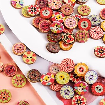 Luxiremi 100PCS Wooden Flower Buttons, Mixed Colors, 15mm, Round, Sewing Buttons
