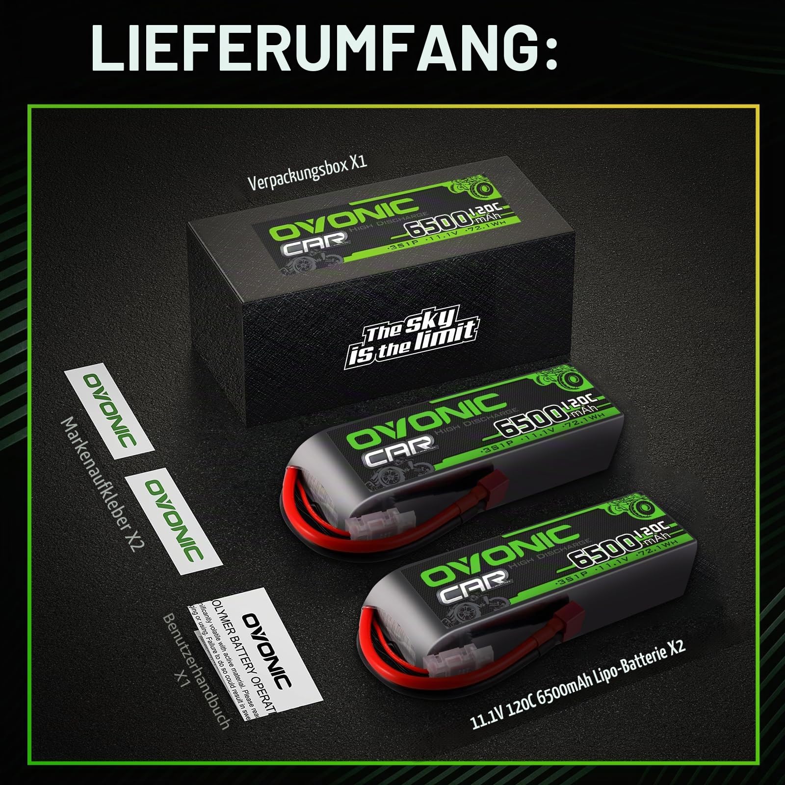 OVONIC 3s Lipo Akku 11.1V 6500mAh 120C mit Deans T Stecker Lipo Batterie für RC Auto Truck Truggy Quadcopter Hubschrauber LKW Boot Flugzeug(2PCS)