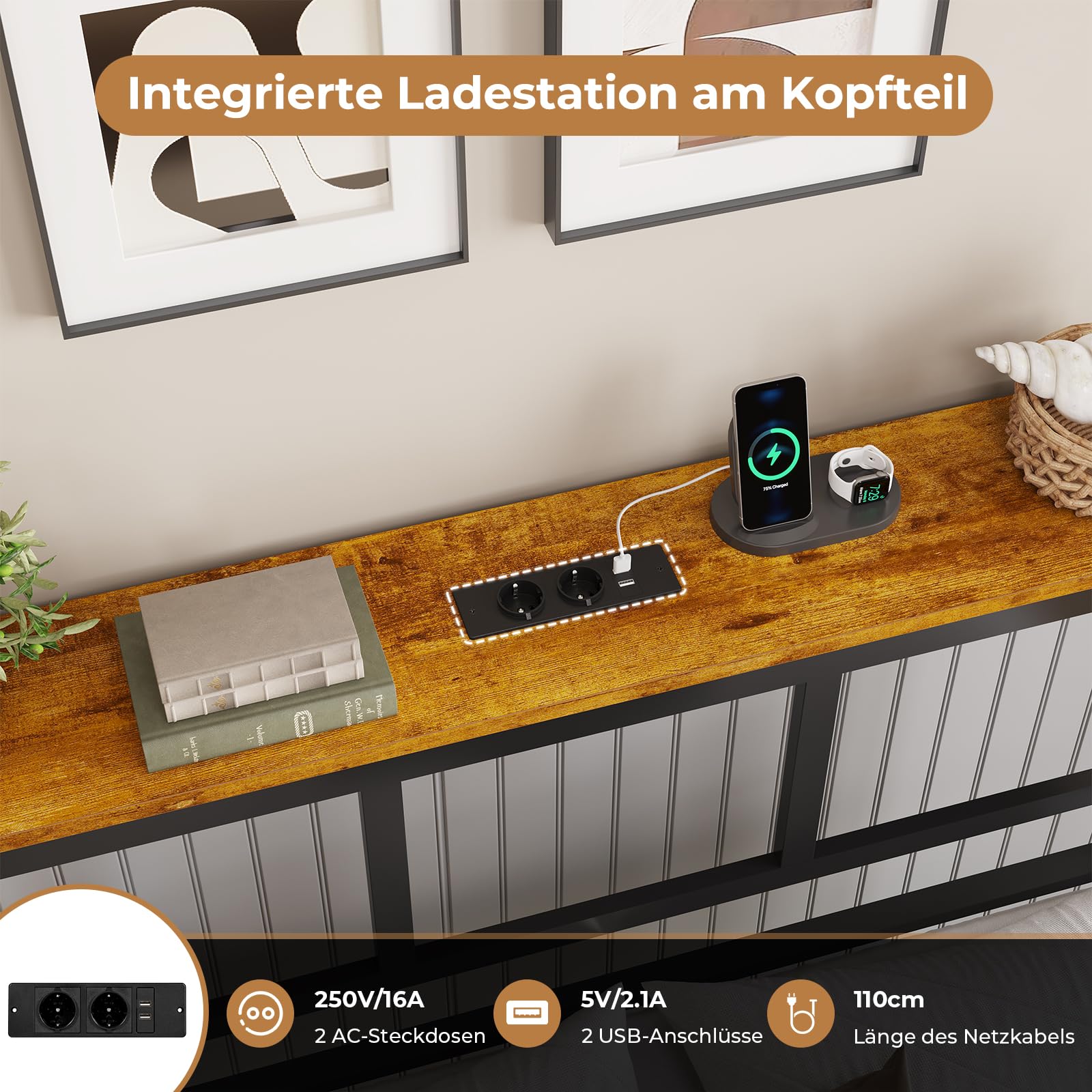Brinlawb Bett 160x200 mit Lattenrost aus Metall, Bettgestell 160x200cm mit LED Beleuchtung, Ladestation (2 AC-Steckdosen,2 USB-Anschlüsse) Metallbett 160x200 cm mit Kopfteil und Stauraum Doppelbett