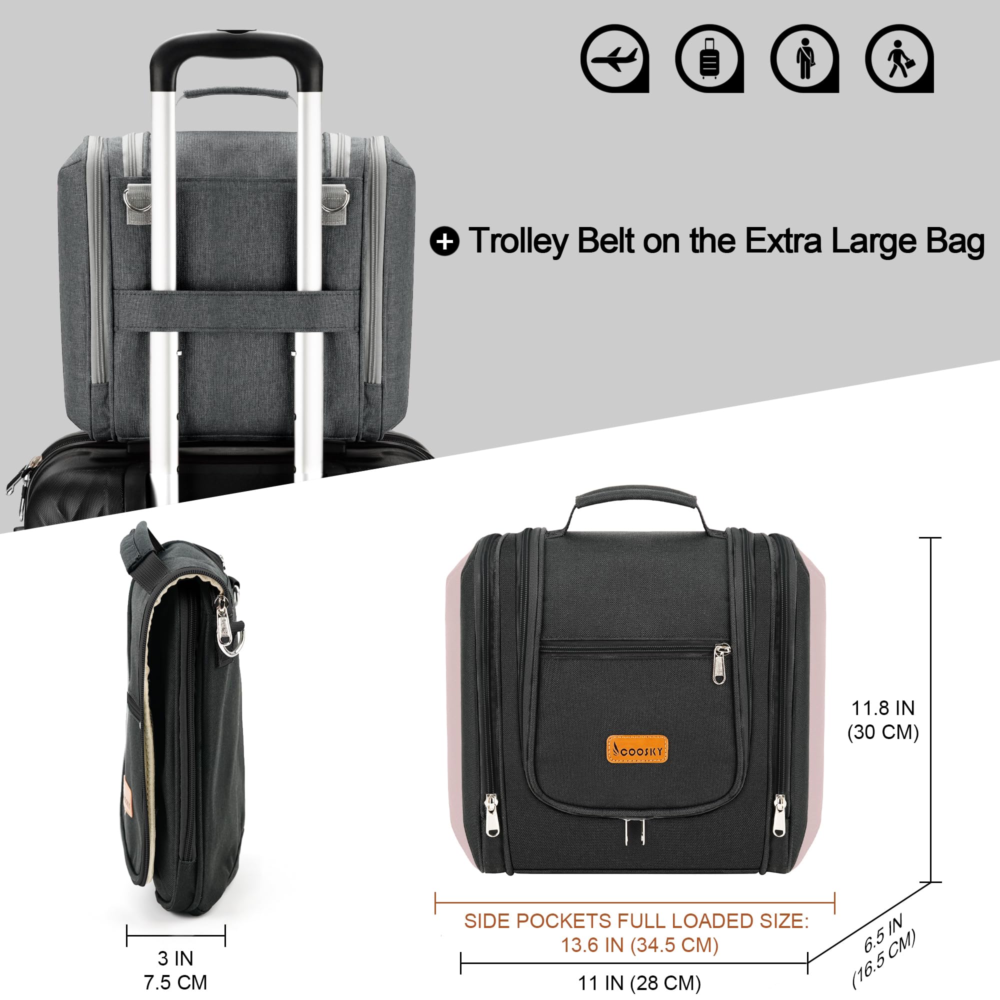 COOSKY Beauty case da viaggio extra large da appendere per donne e uomini, borsa igienica, kit organizer da bagno e doccia con supporti elastici per articoli da toeletta, cosmetici, trucchi, pennelli