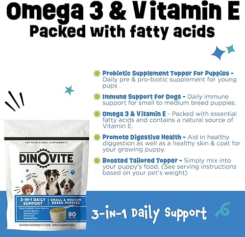 Miniatura 4 de Dinovite Suplemento 3 en 1 para cachorros  Suplemento pre y probiótico para cachorros  Fuente de vitamina E y Omega 3 para cachorros  para razas