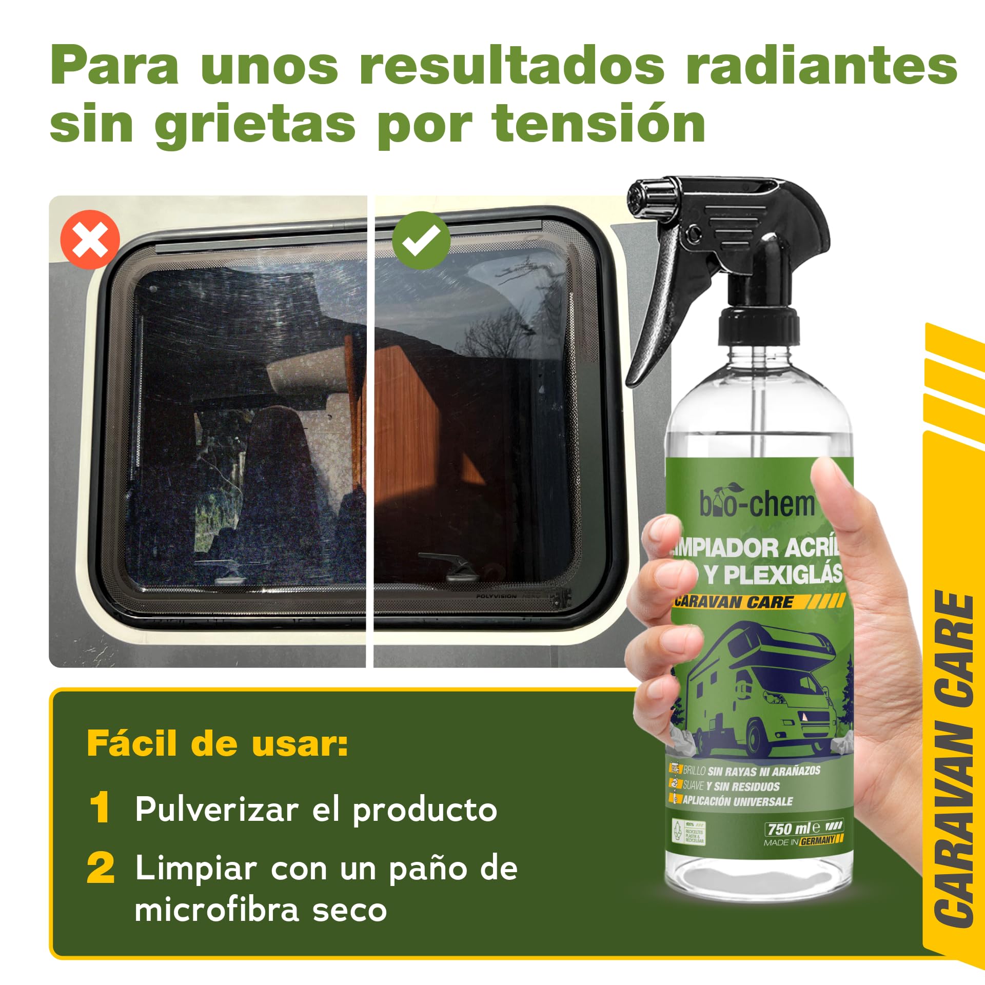 Bio-Chem - Limpiacristales acrílico y plexiglás 750 ml - Limpiacristales para caravanas, autocaravanas y automóviles - Spray líquido limpiacristales para automóviles