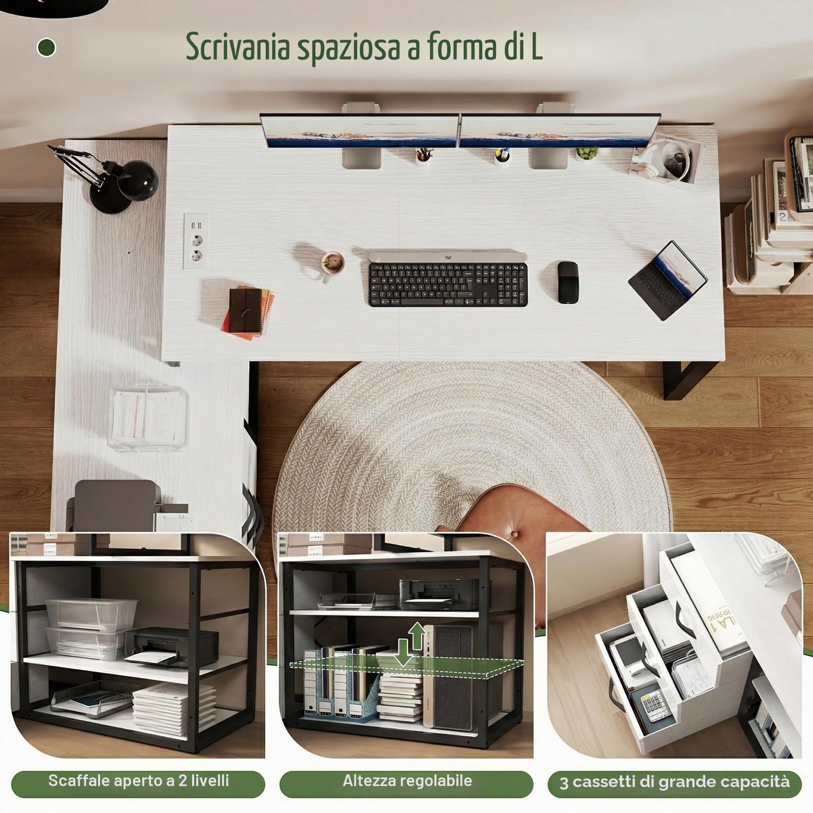 JUMMICO Scrivania angolare con 3 cassetti, scrivania reversibile a forma di L, 140 x 105 cm, con spazio aggiuntivo, scrivania da ufficio con presa di corrente, altezza divisoria regolabile, bianco