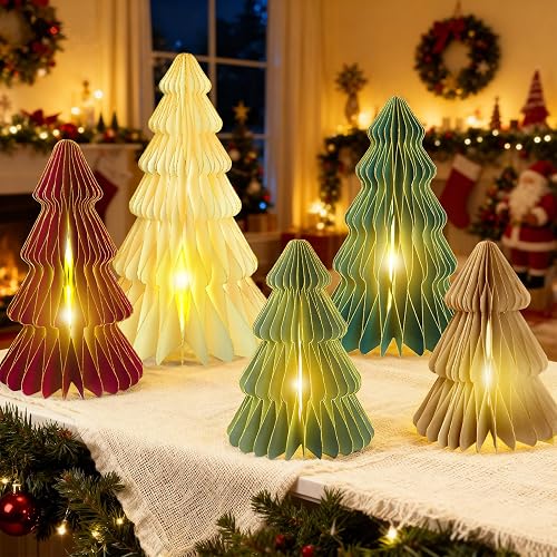 Christmas Table Decor, Lighted Honeycomb Paper Trees, 8-12 Inch, 5-Pc