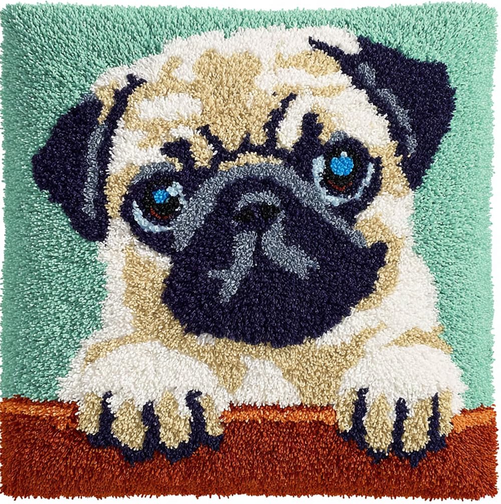 Rqwybcaxn Latch Hook Cushion Kits for Adults 17X17Inch,Pug Puppy Latch Hook Pillow Case Kits Embroidery Kits 43X43Cm, DIY Needlework Pillow Cover Cushion Rug Making Kit, DIY Craft Kit for Women