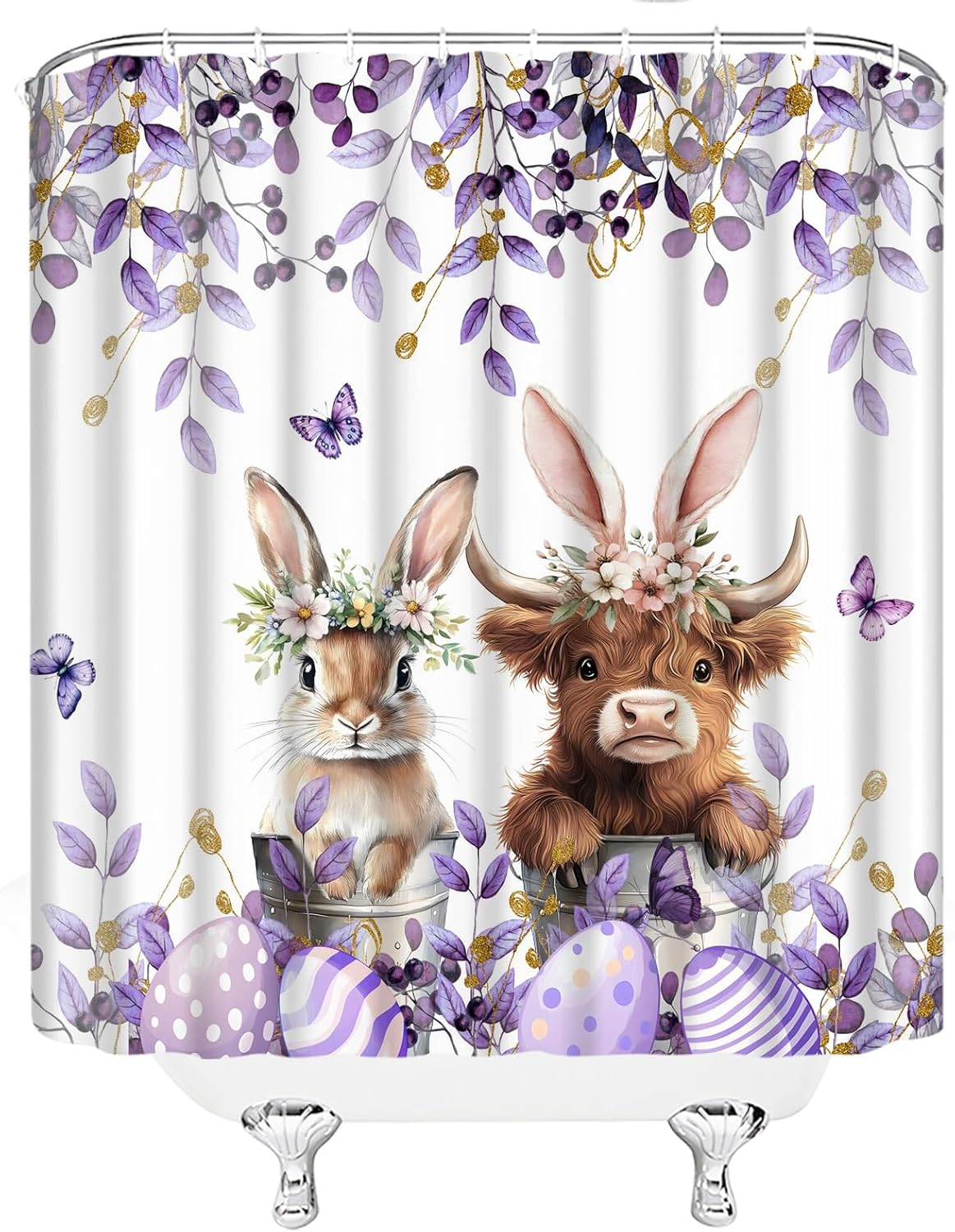 Easter Highland Cow Shower Curtain Eucalyptus Leaves Cute Bunny Farmhouse Rabbit Spring,Purple 70" Wx84 H Fabric Bathroom Decor Curtain with Hooks