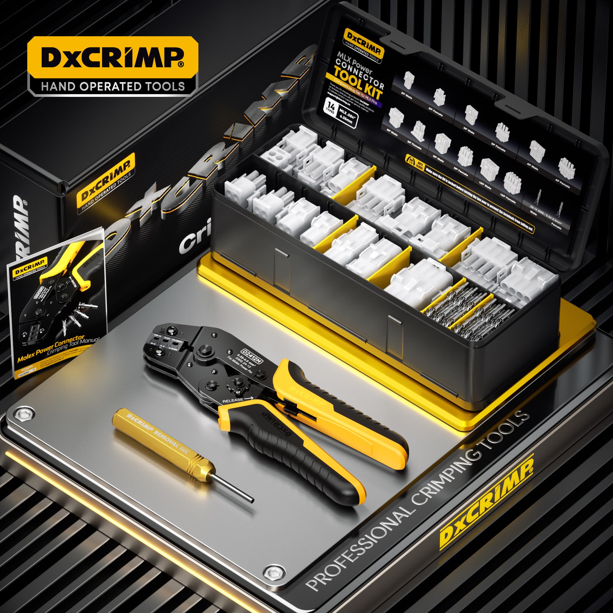 DxCRIMP Set di pinze crimpatrici con connettore a 2 – 12 poli MLX .084" (6,35 mm) – compatibile con Molex MLX & TE Universal MATE-N-LOK – con strumento di filatura e pinza crimpatrice a cricchetto