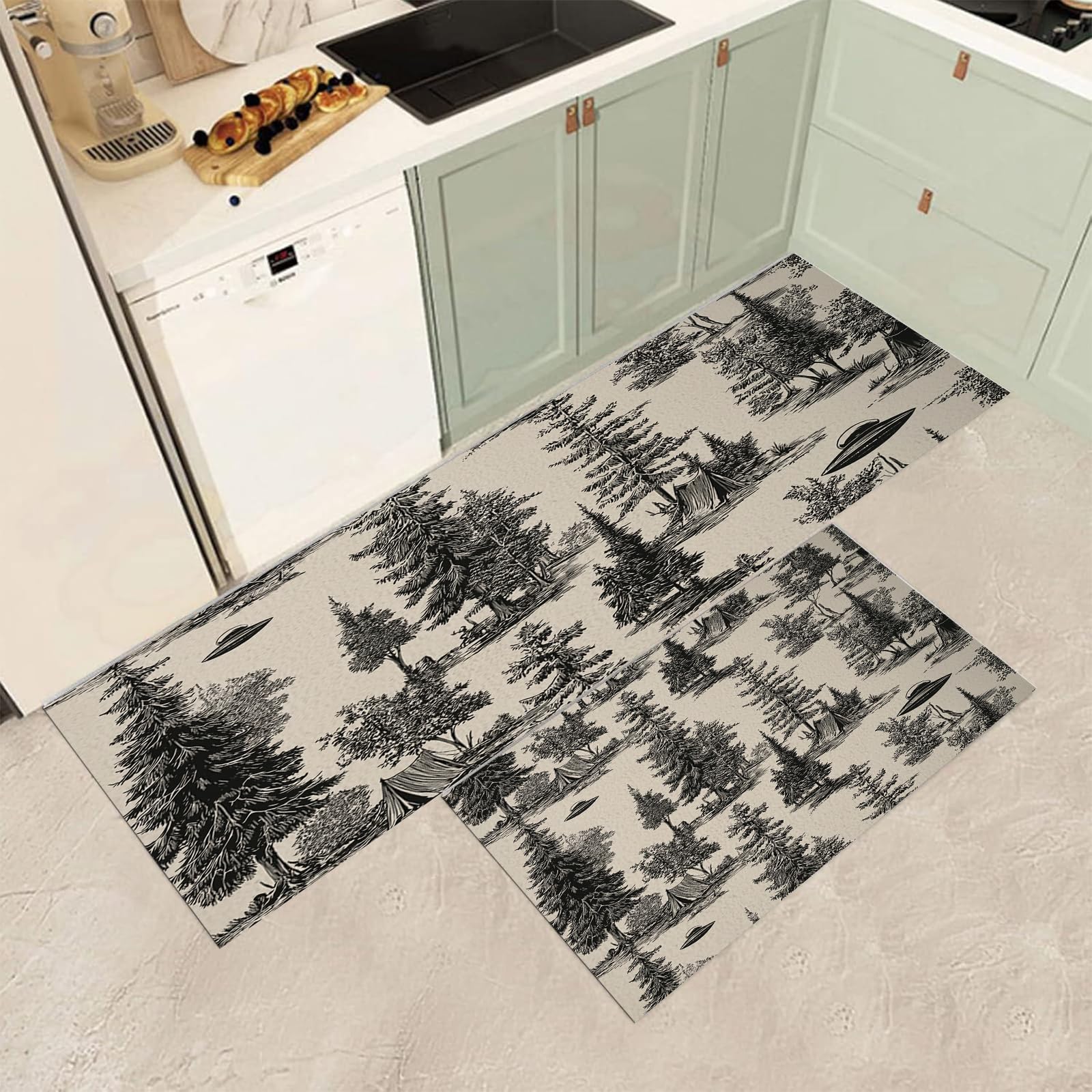 Tapis de cuisine paysage rétro lot de 4 antidérapants 43x120cm forêt de pins
