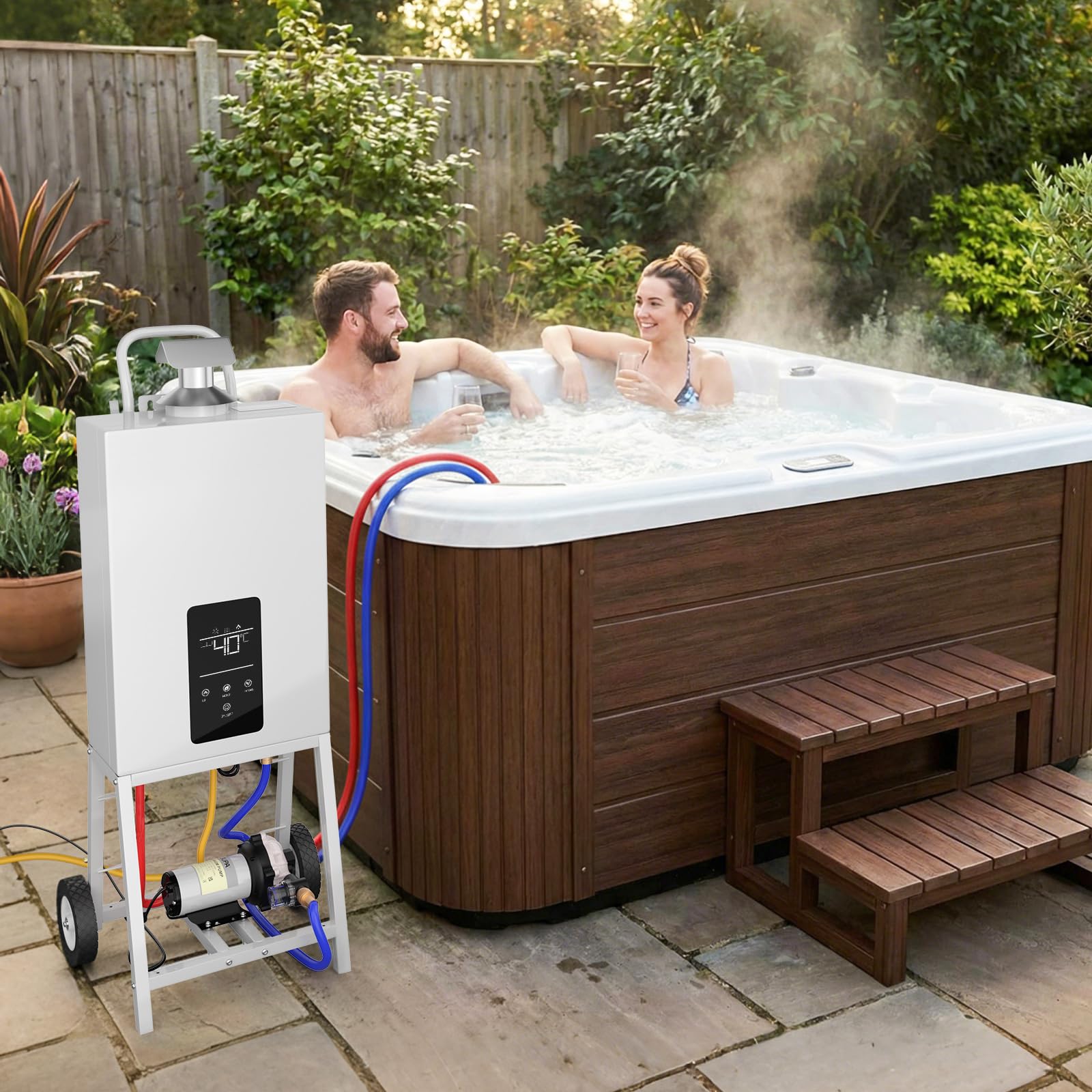 31kW Propangas-Poolheizung – Extrem Schnelles Aufheizen für Aufstellpool, Hot Tub& Spa, Tragbarer Außen-Wassererhitzer mit digitalem Thermostat, integrierter Duschfunktion & Rädern