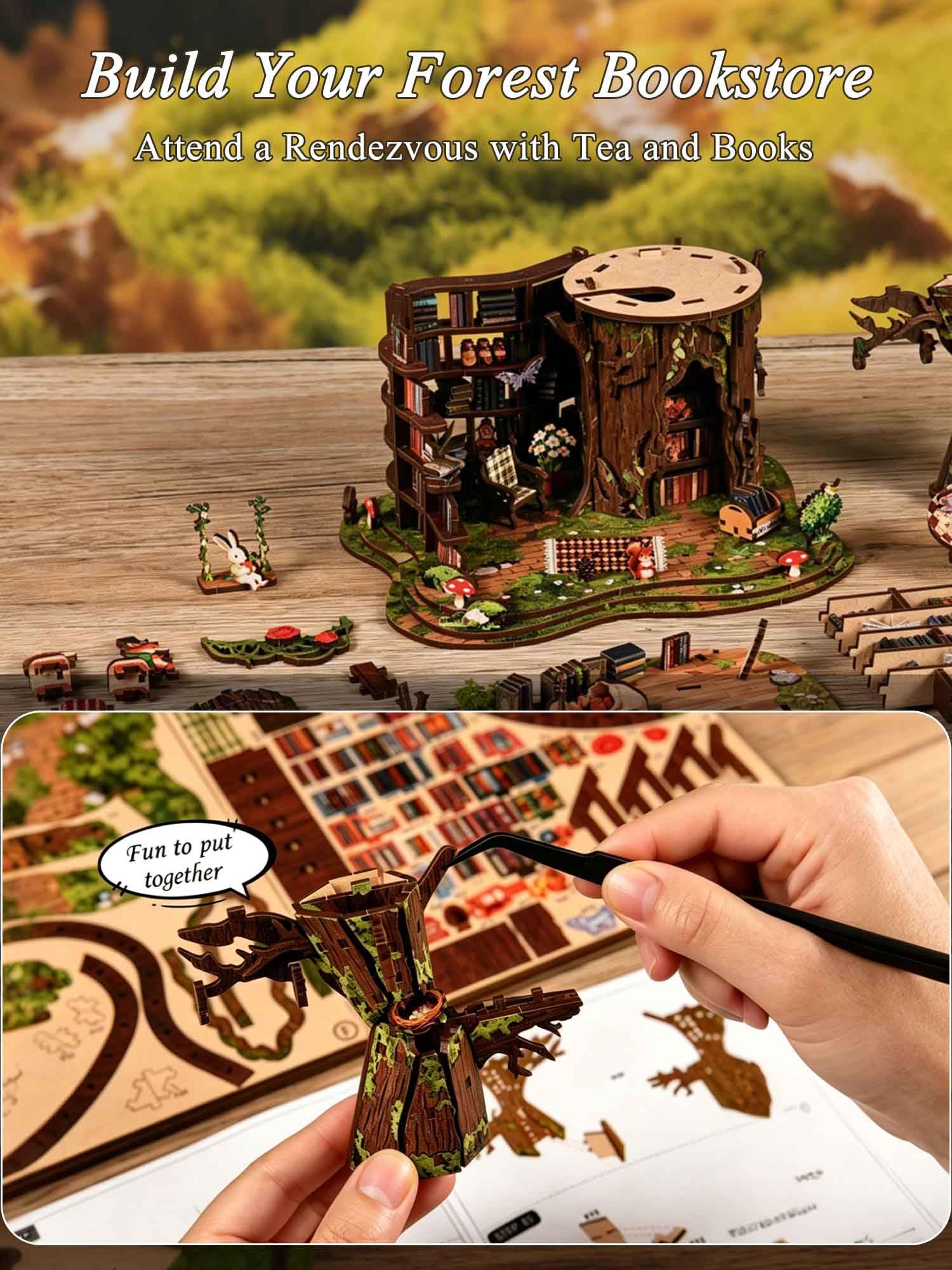 Rotbakmin - Kit di angoli per libri per Aduts, adolescenti, casa in miniatura fai da te, biblioteca, casa delle bambole, libro 3D in legno, piccolo edificio mini diorama, decorazione per libreria con