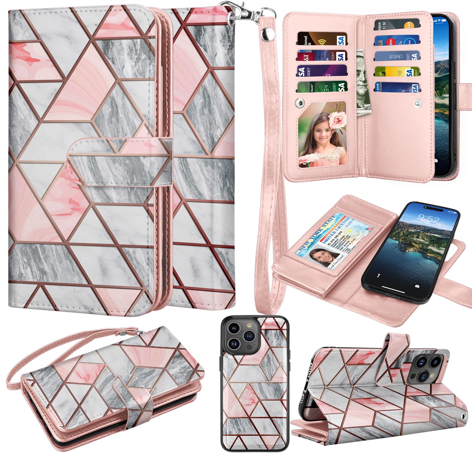 Takfox Wallet Case for iPhone 15 Plus, for iPhone 15 Plus Case, PU Leather Credit Card Holder Phone Case [9 Card Slots] Folio Flip Detachable Magnetic Cover Kickstand & Carrying Wrist Strap, Marble
