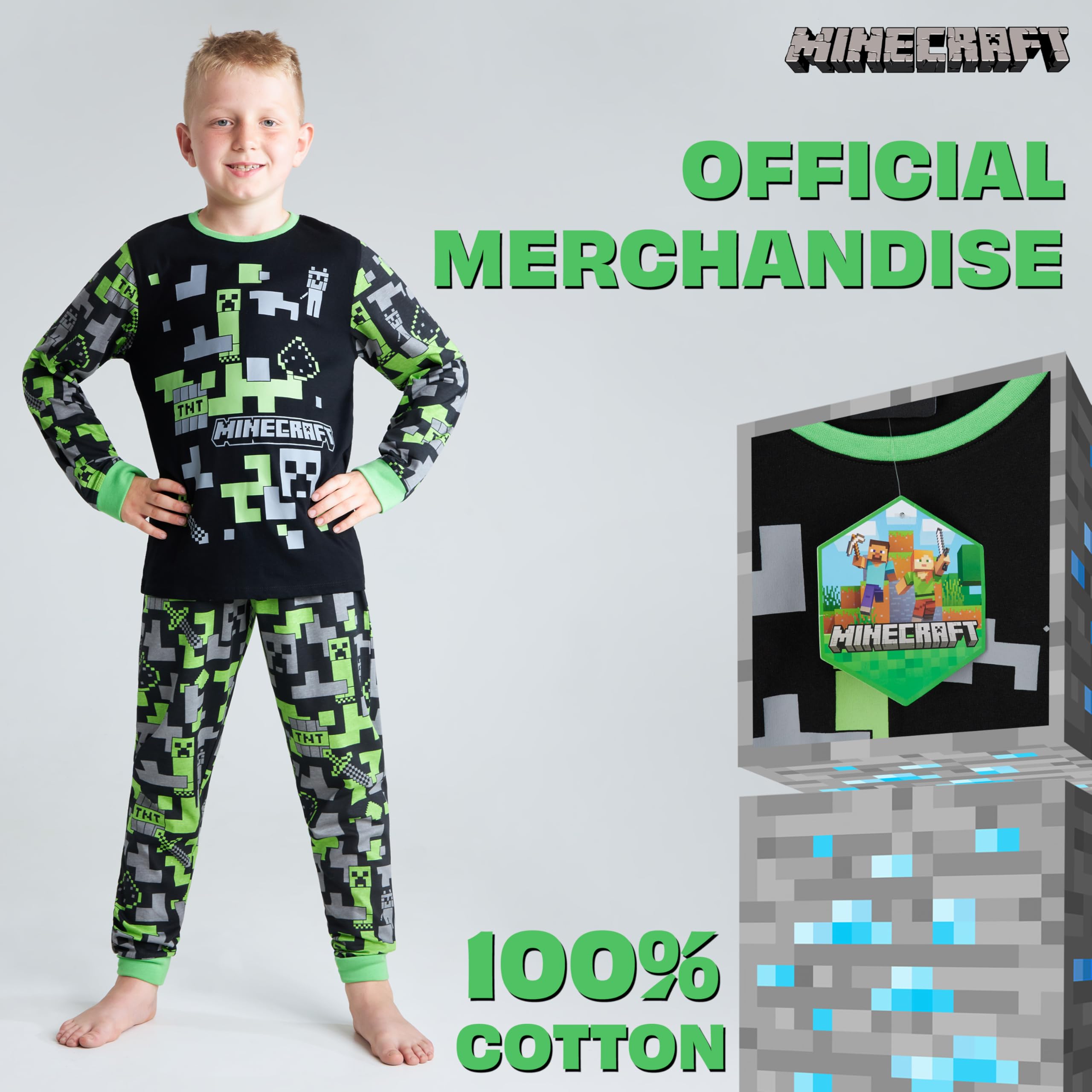 MINECRAFT Lungo Pigiama Ragazzo, Cotone Abbigliamento da Casa - Regalo Bambino