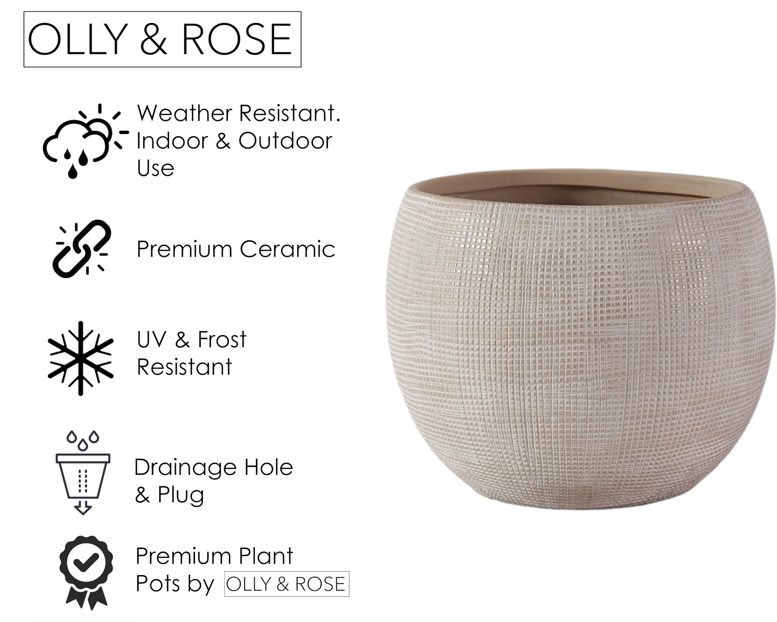 Olly & Rose Barcelona Keramik-Blumentöpfe, Beige, 25 cm, große Pflanztöpfe für drinnen und draußen, beige Pflanzgefäße, Blumentöpfe
