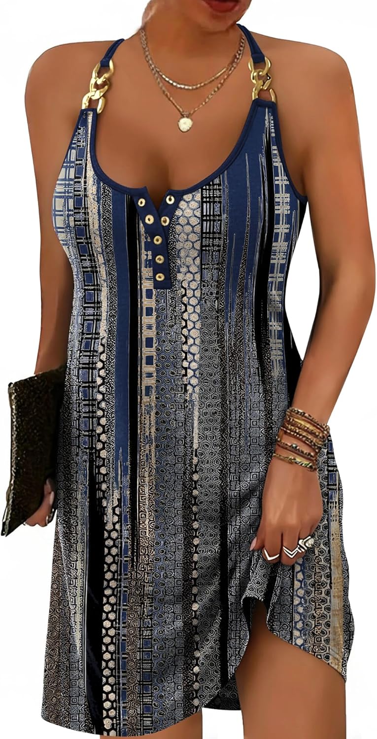 SAUKOLE Summer Dresses for Women Spaghetti Strap Halter Neck Button Sundress Casual Cover Up Dress with Pocket