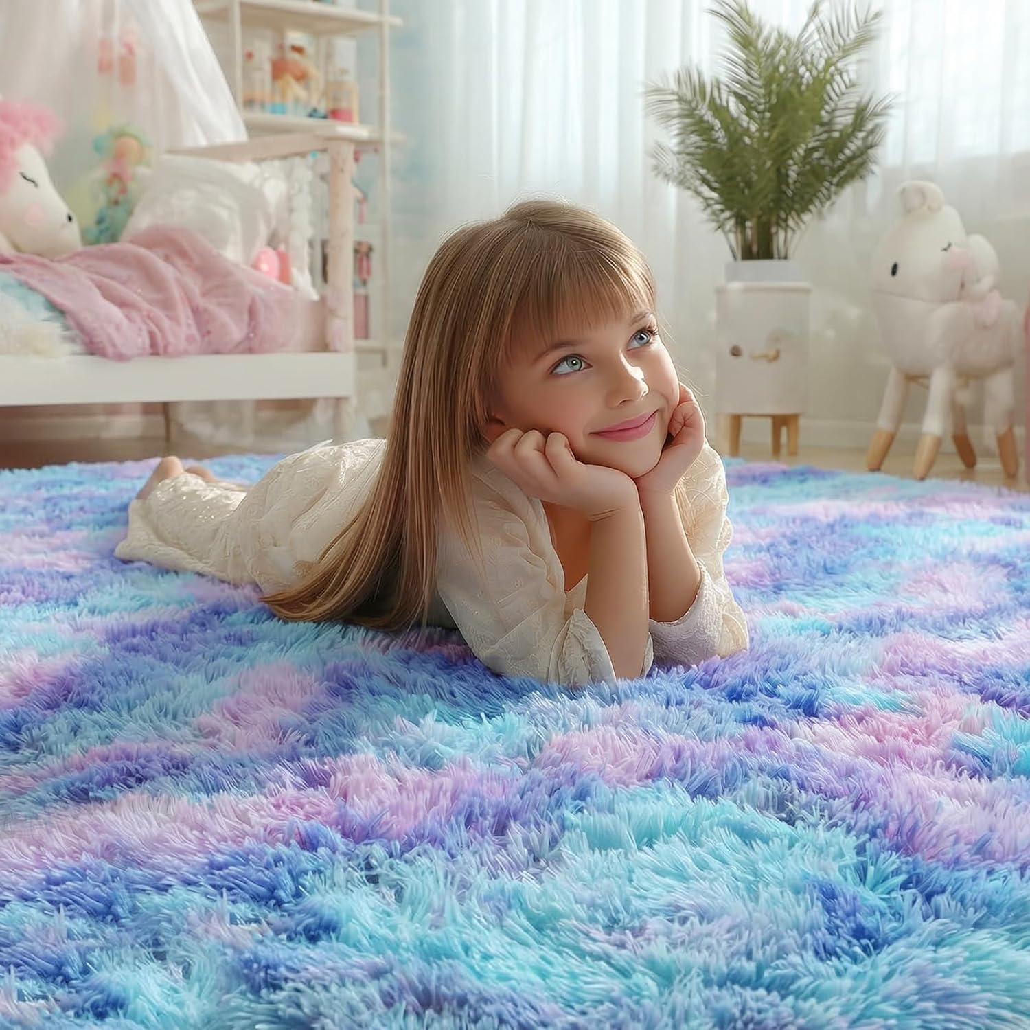 PAGISOFE Round Rugs 5Ft Cute Shaggy Circle Rug for Girls Bedroom, Purple Rainbow Rugs for Kids Room, Teen Girls, Playroom, Nursery, Fluffy Furry Pastel Mermaid Rug, Soft Plush Kawaii Tent Carpet