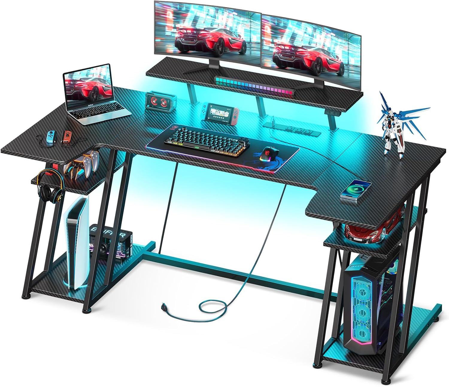 MOTPK Gaming Desk with LED Lights, 60 Inch U Shaped Desk with Power Outlet, Gaming Computer Desk with Storage Shelves, PC Gaming Table with Monitor Stand&Headphone Hook, Carbon Fiber Texture, Black MOTPK Gaming Desk with LED Lights, 60 Inch U Shaped Desk with Power Outlet, Gaming Computer Desk with Storage Shelves, PC Gaming Table with Monitor Stand&Headphone Hook, Carbon Fiber Texture, Black