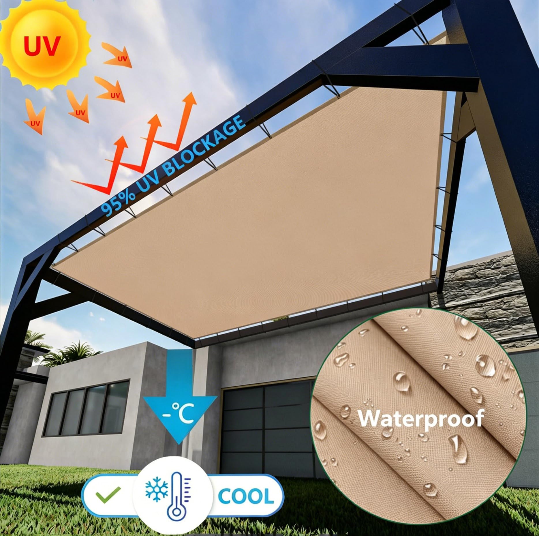 Sonnensegel Rechteckig Wasserdicht mit Ösen 2x6m Gerade Kante UV-Schutz 95% Sonnenschutz Wetterfest & Reißfest Perfekt für Balkon Terrasse und Garten inkl Seile & Kabelbinder Khaki