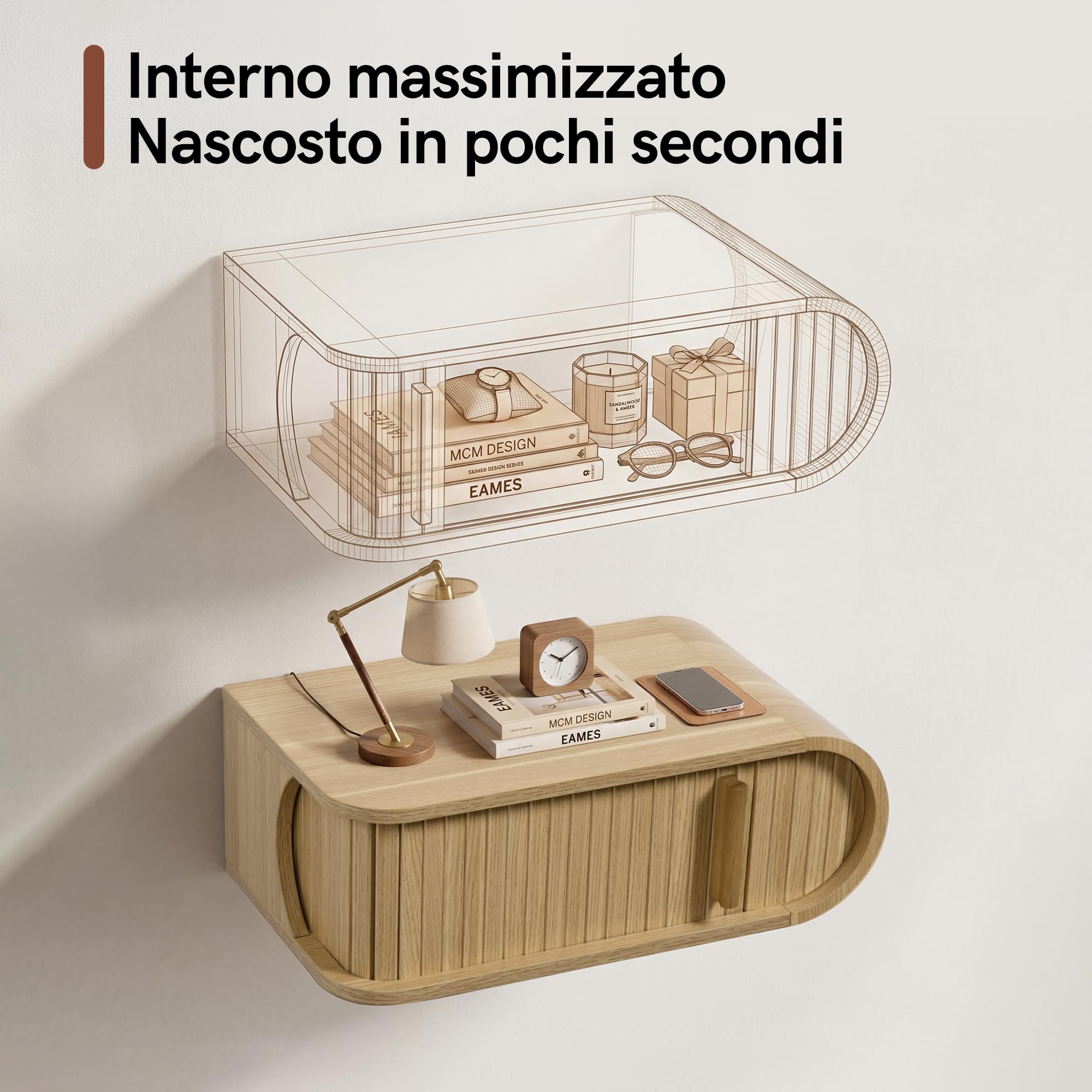 Afuly Comodino Sospeso Effetto Rovere Anta a Serrandina Forma D Sinistra | in legno, salvaspazio, vano nascosto, angoli arrotondati, 25 x 45 x 16 cm, portata fino a 20 kg, stile scandinavo naturale