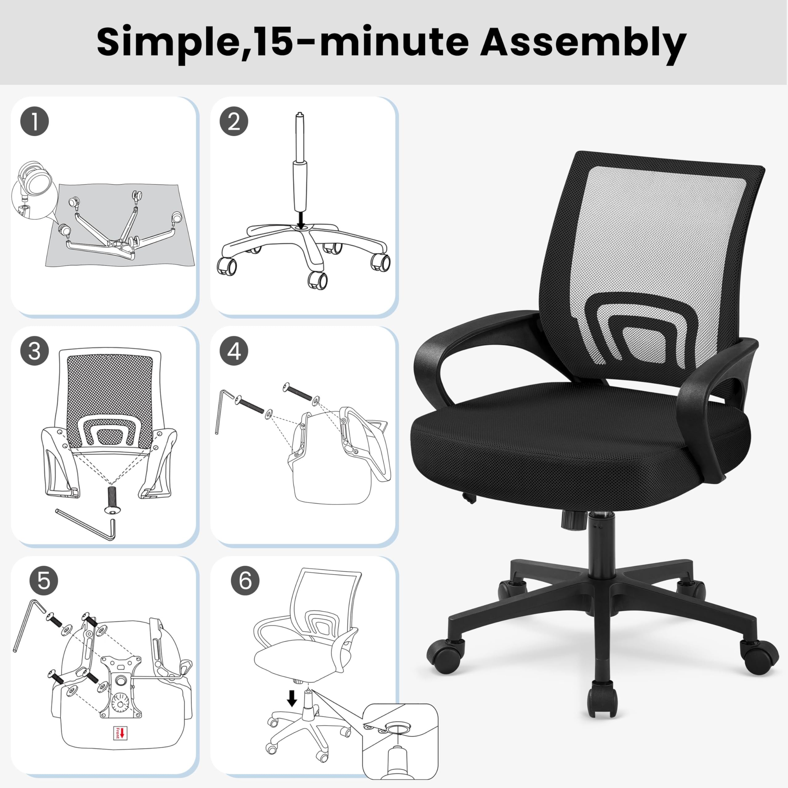 Yaheetech Silla de Escritorio Oficina Malla Silla Ergonomica con Soporte Lumbar Altura Ajustable Respaldo Transpirable Silla Giratoria Función Inclinación para Oficina Capacidad Max136 KG Negra