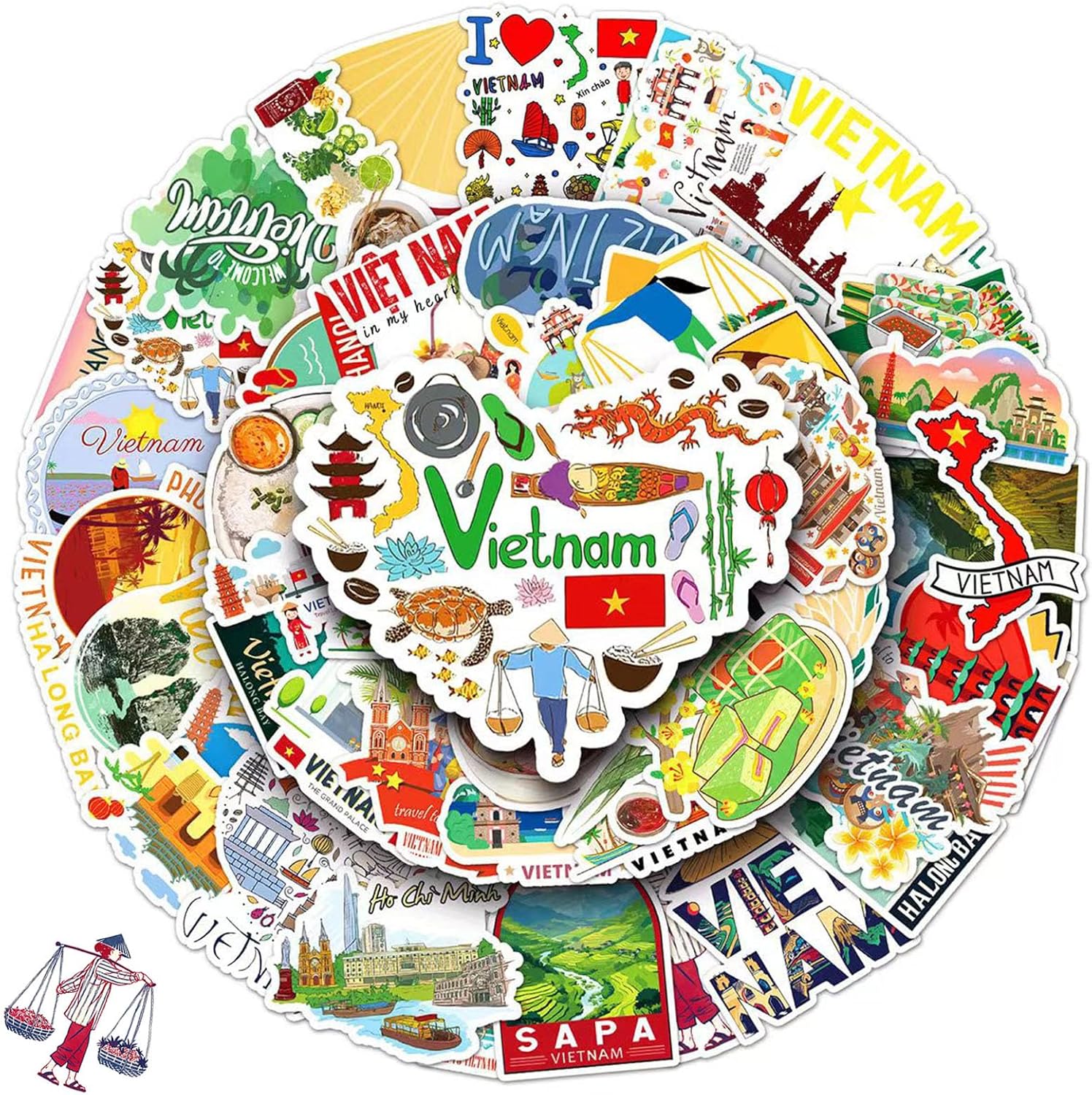 Vietnam Stickers, 60pcs Funny Vietnam Themed Travel Stickers Pack Vinyl Cartoon Graffiti Water Bottles Stickers for Kids Teens Boys Girls Adults Guitar Journal Laptop Scrapbook Decals