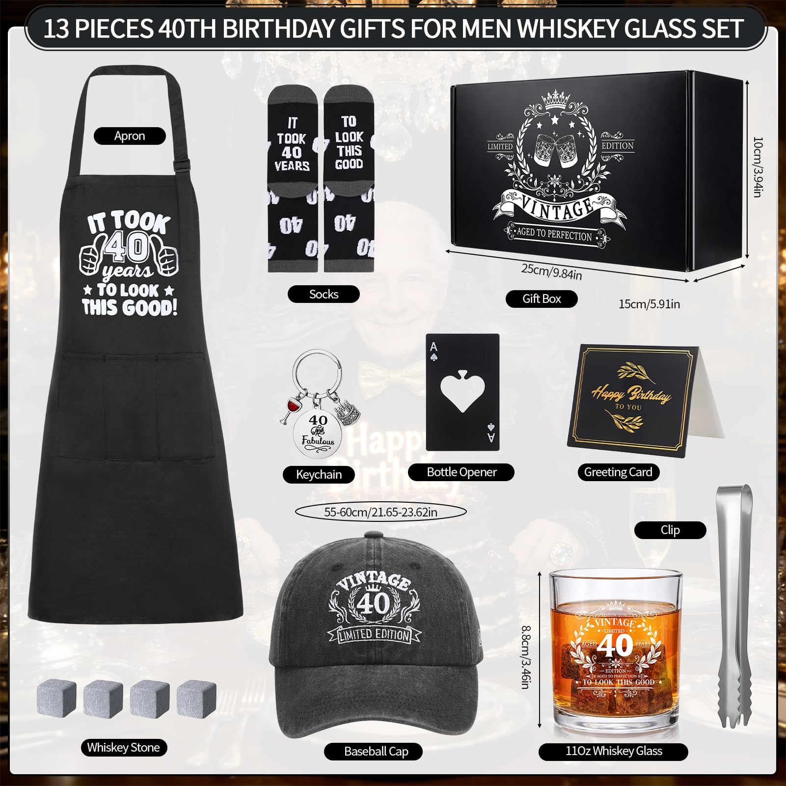 40th Birthday Gifts for Men Whiskey Glass Set with 11 Oz Glass, Stone, Ice Tong, Bottle Opener, Cap, Apron, Socks, Keychain, Greeting Card, 40th Birthday Party Supplies for Him, Dad, Husband