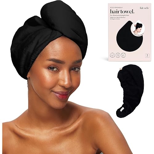 Kitsch Microfiber Hair Towel Wrap for Women - Super Absorbent Hair Drying Towel - Quick Dry, Anti-Frizz - for Long & Short, Wet & Curly Hair - Black