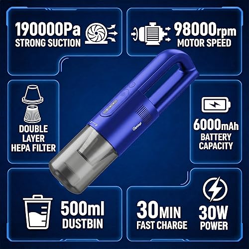 Miniatura 6 de Aspiradora de mano inalámbrica, aspiradora portátil inalámbrica recargable en 30 minutos, motor sin escobillas, 19000 Pa fuerte succión,