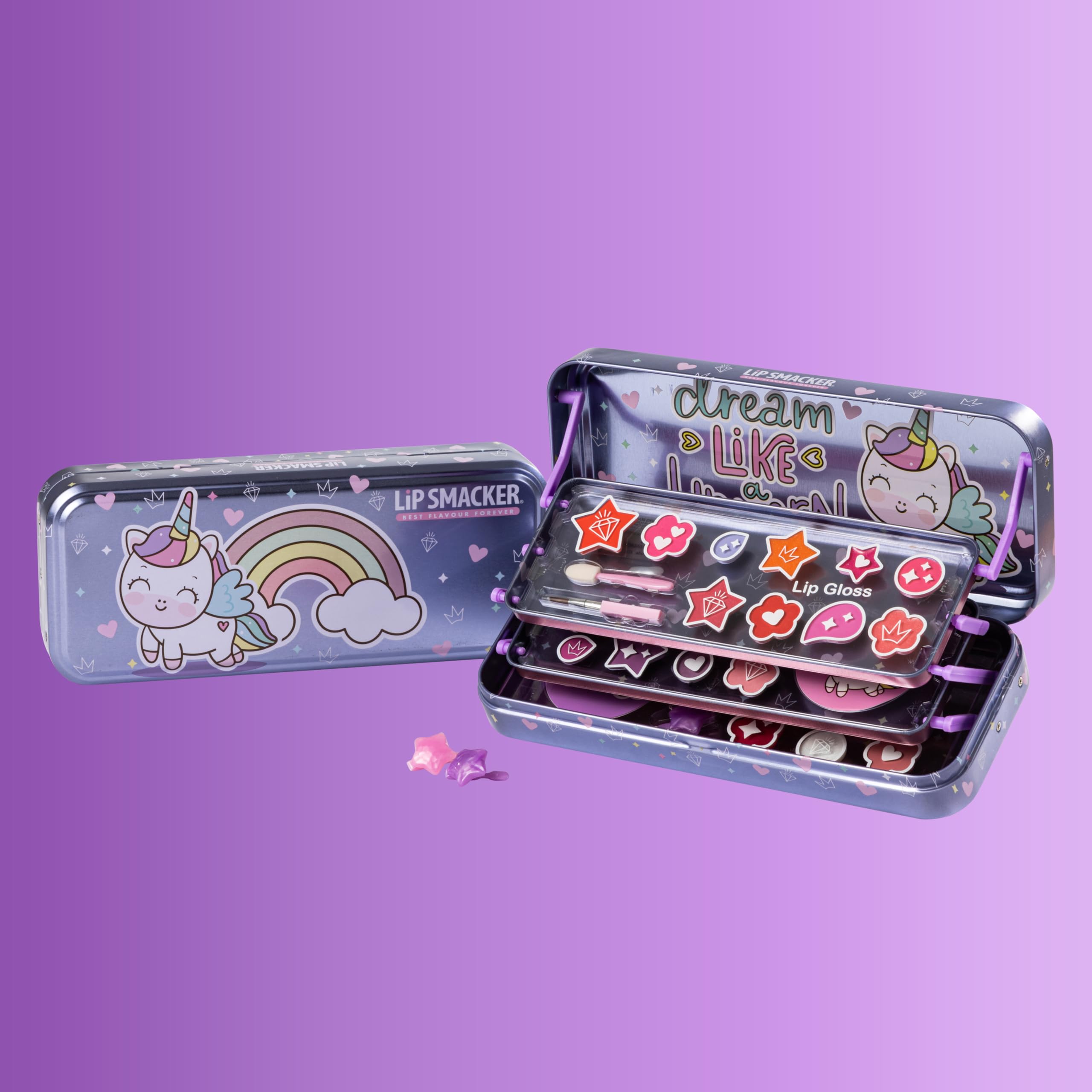 Lip Smacker Color Tin, Zestaw do Makijażu dla Dzieci z Błyszczykami do Ust i Kremami Rozświetlającymi do Twarzy w Różnych Smakach i Odcieniach, Zestaw Upominkowy dla Kreatywnego Wyglądu Twoich Dzieci