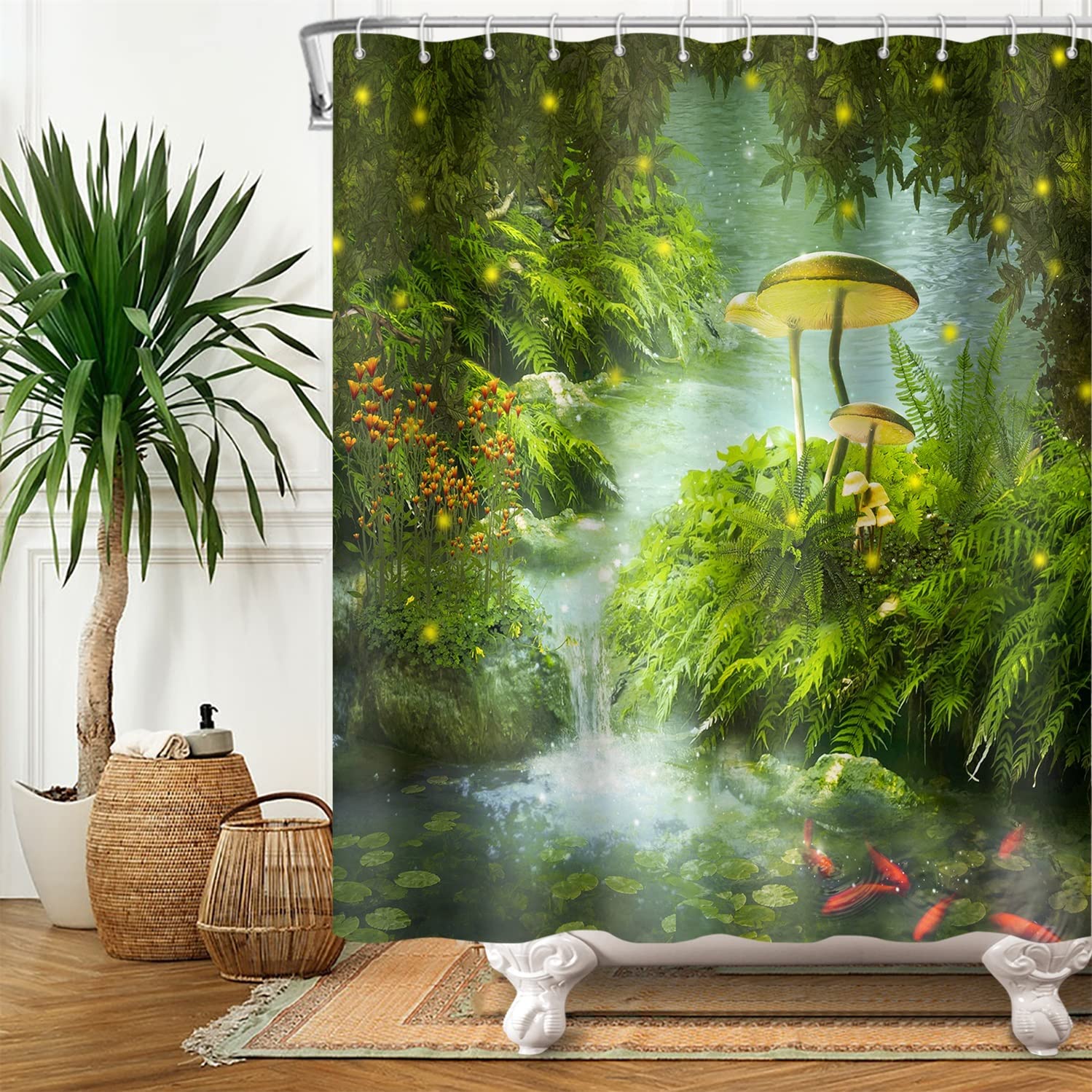 Bovlleetd River Shower Curtain Natural Scenery Green Plants Lotus Leaf Stone Big Mushroom Shower Curtains Waterproof Bathroom Partition Decorative Curtain Beautiful Art Curtain 71x79inch