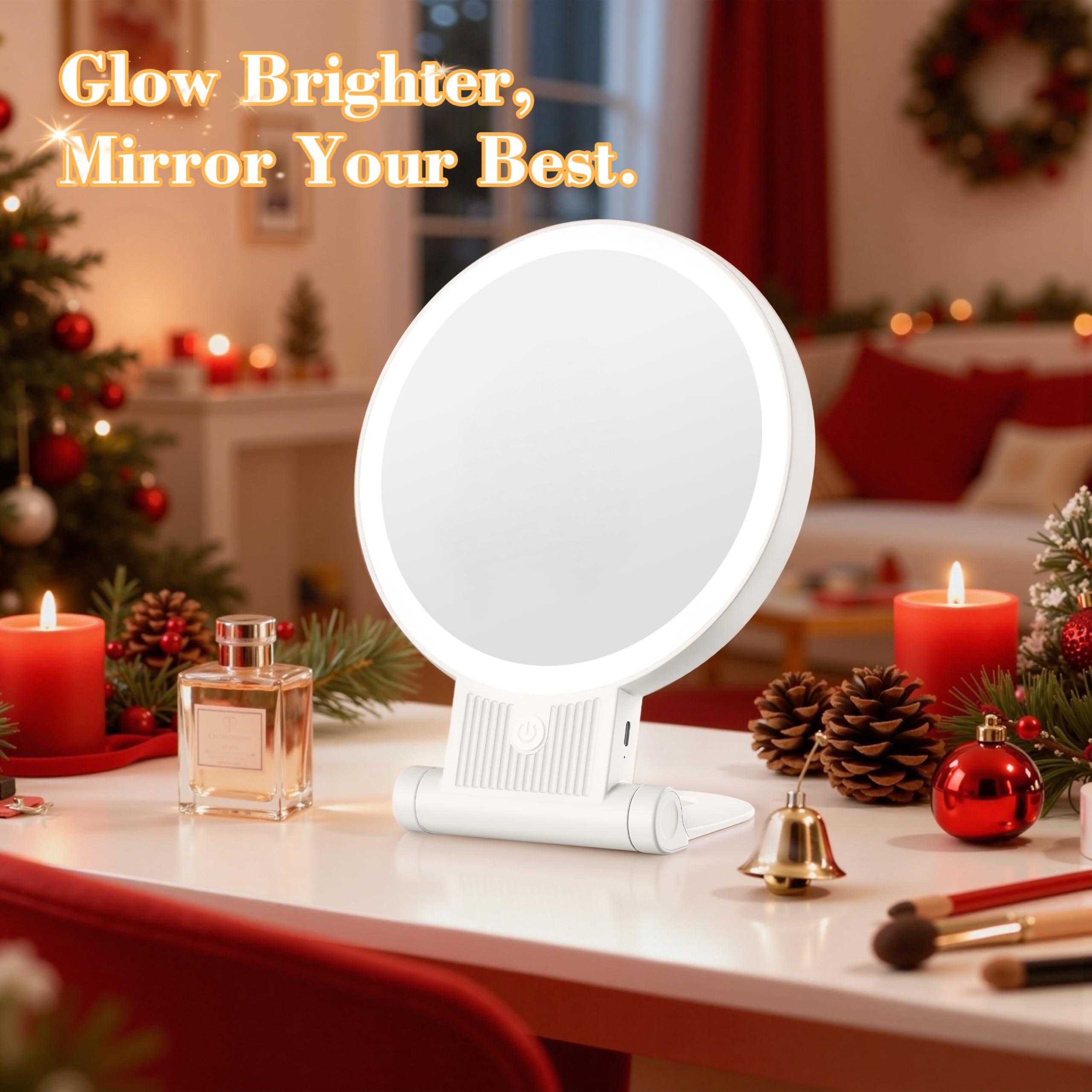 Auxmir Specchio Trucco con Luci LED, Specchio Ingranditore 30X/1X a Doppio Lato, Luminosità Regolabile a 3 Colori, Specchio da Tavolo Pieghevole con Foro per Appendere, Ricaricabile e Portatile