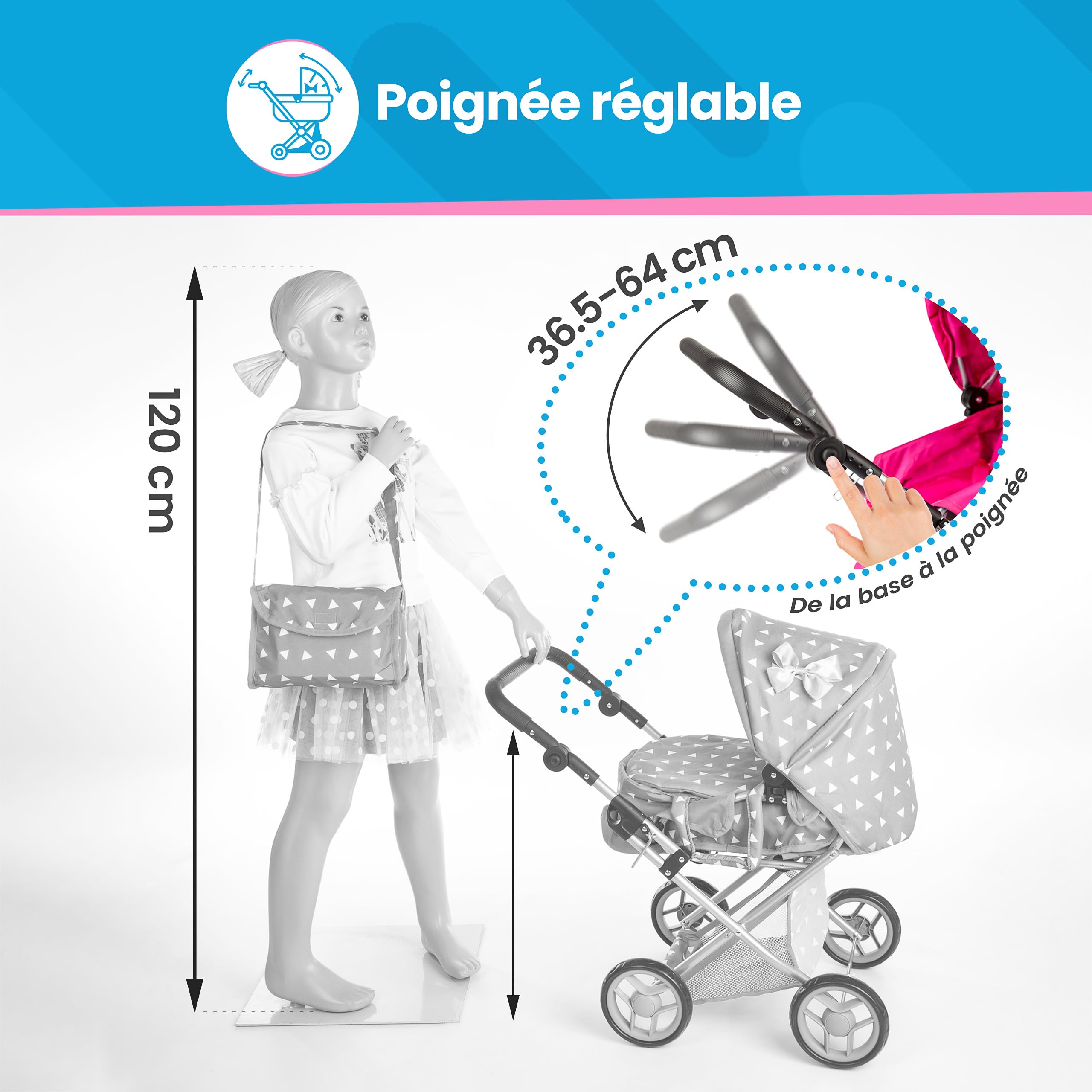 Kinderplay Poussette Poupee, Poussette Jouet - Poignée de la Poussette Entre 36.5 et 64 cm, avec Prise Souple, 3en1, KP0200S