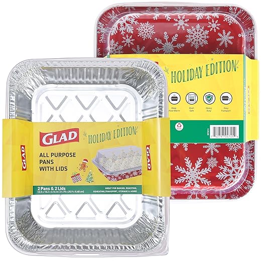 Glad Disposable Aluminum All-Purpose Pans in Red & White Snowflake Holiday Pattern, 2ct with Lids | Printed Durable Foil Steam Pans | 12.5 x 10.2 x 2.16 Aluminum Pan | Durable Disposable Steamware