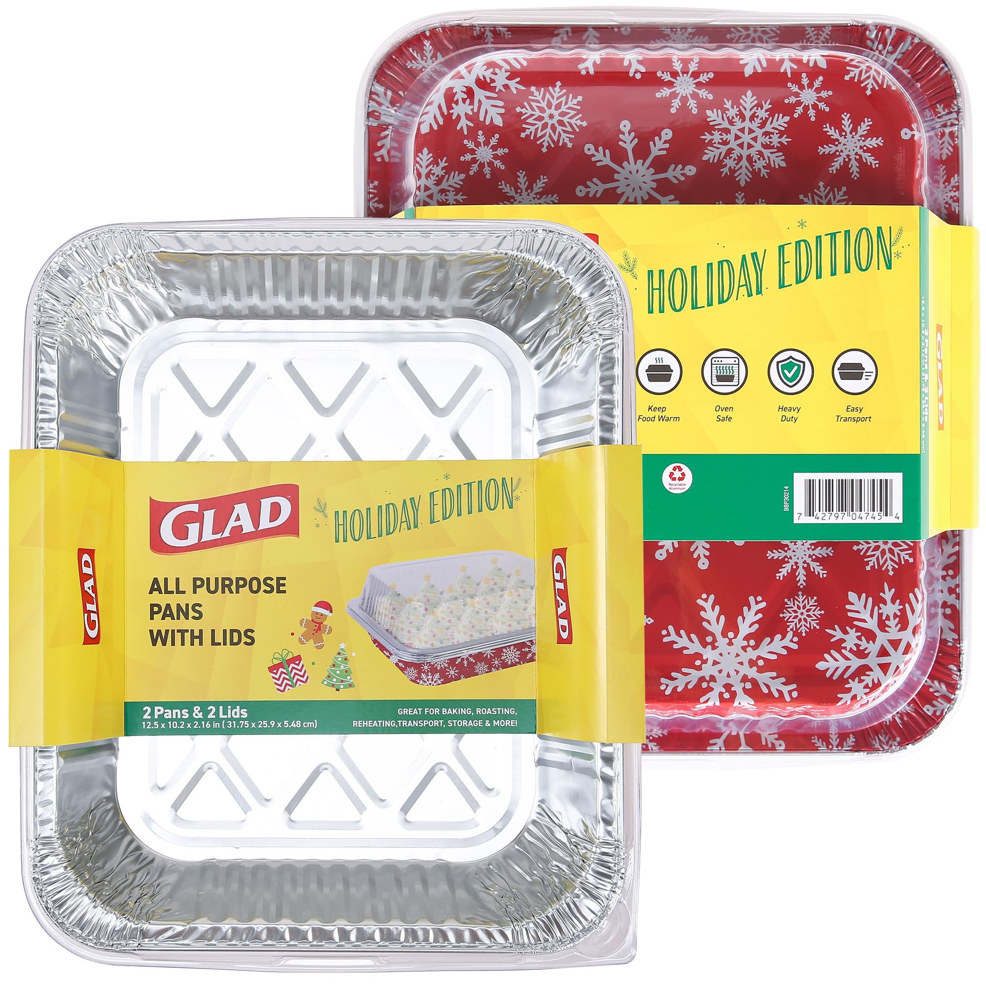 Glad Disposable Aluminum Pans with Lids, Red Snowflakes, 12 x 10 Inch, 2 Ct
