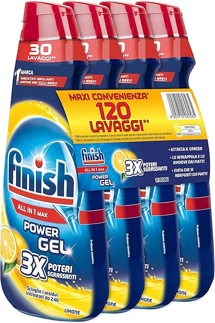 Finish Powergel Lemon Dishwasher, Dishwasher Gel, 120 Washes, 4 Packs of 30 Dishwashers Liquid Washers