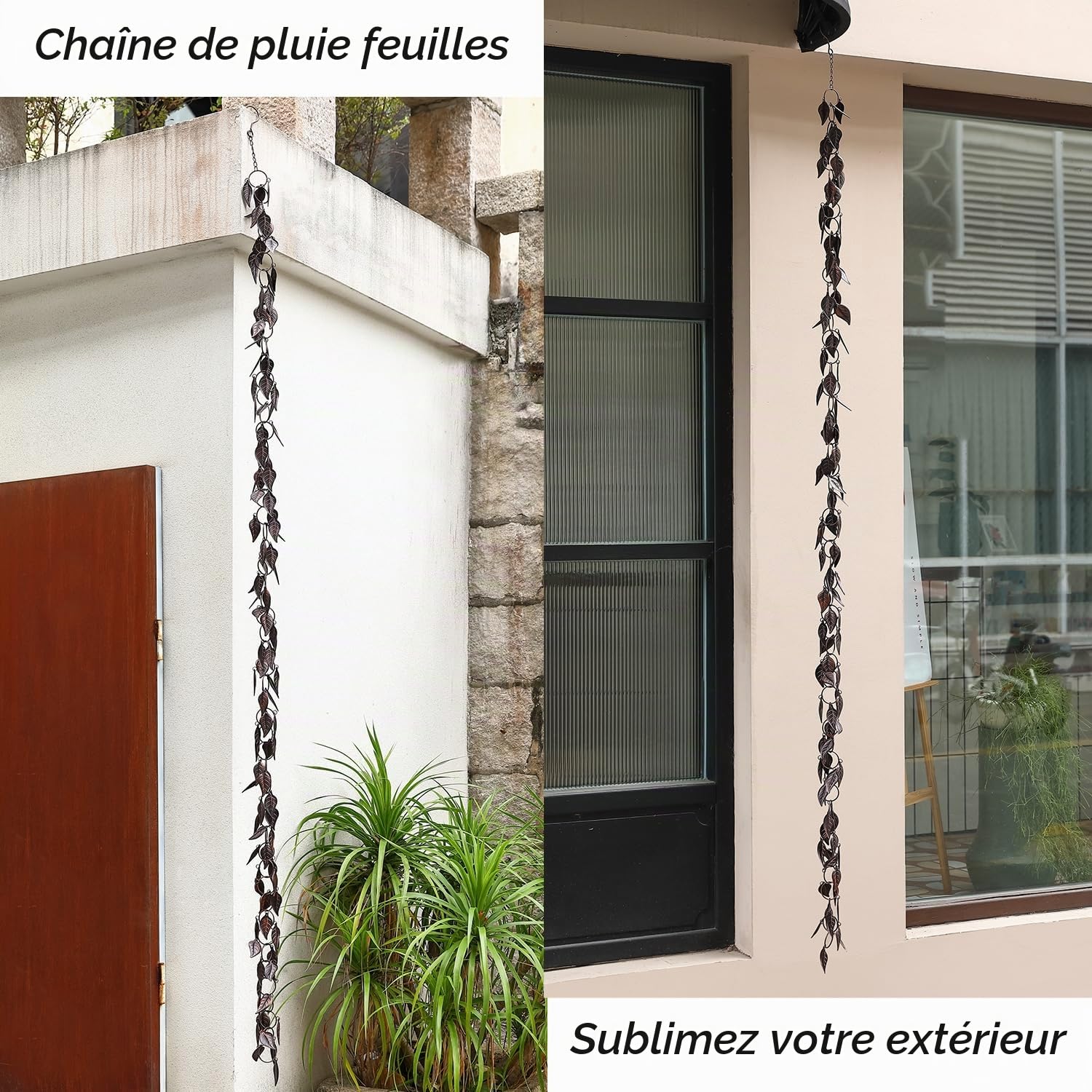 Chaîne de Pluie en métal pour gouttières et descentes pluviales - 2,6 m - Décoration pour l'extérieur - Cuivre Antique