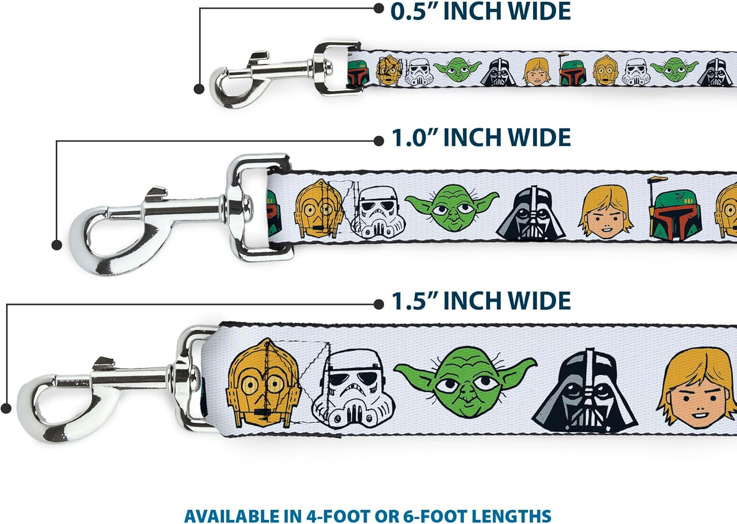 Star Wars Pet Leash, Dog Leash, Star Wars 6 Character Faces White, 6 Feet Long 1.5 Inch Wide