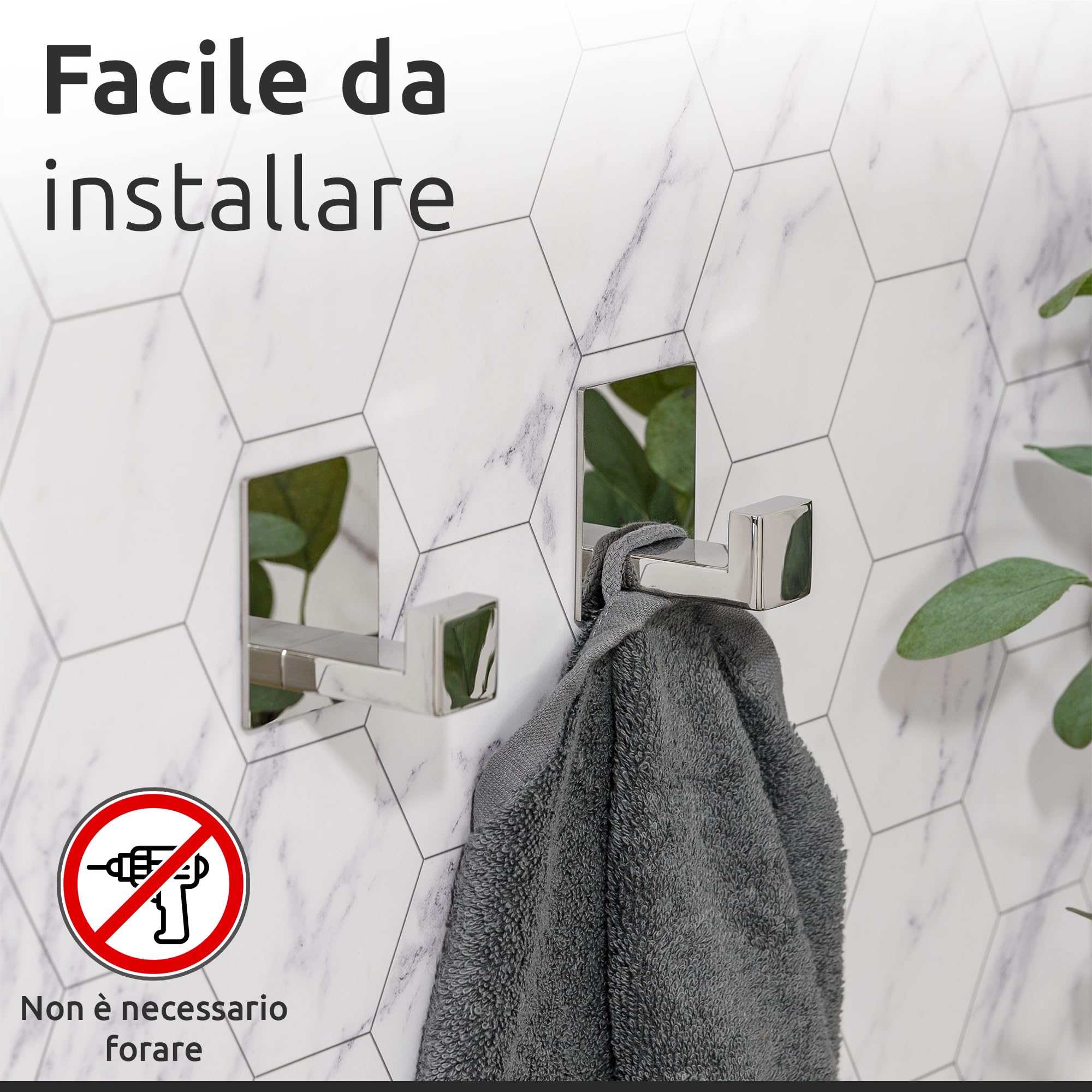 ECENCE Ganci Adesivi 2x, Appendi asciugamani cromo portasciugamani in Acciaio Inox, Gancio autoadesivo, Gancial per abiti da attaccare al muro