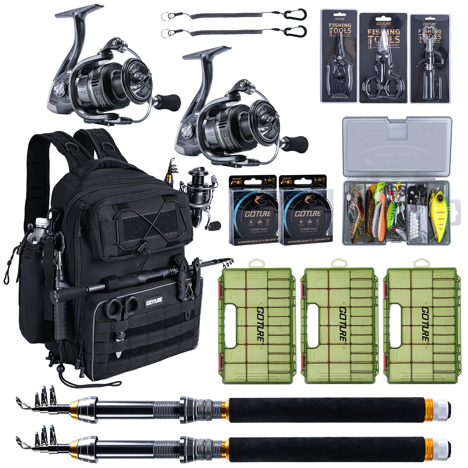 Goture Zaino da pesca con 3 scatole per esche, set completo con canne da pesca telescopiche (carbonio 24T), mulinello, set di esche, attrezzi (pinza, manico, forbici) e set di esche per pesca in acqua