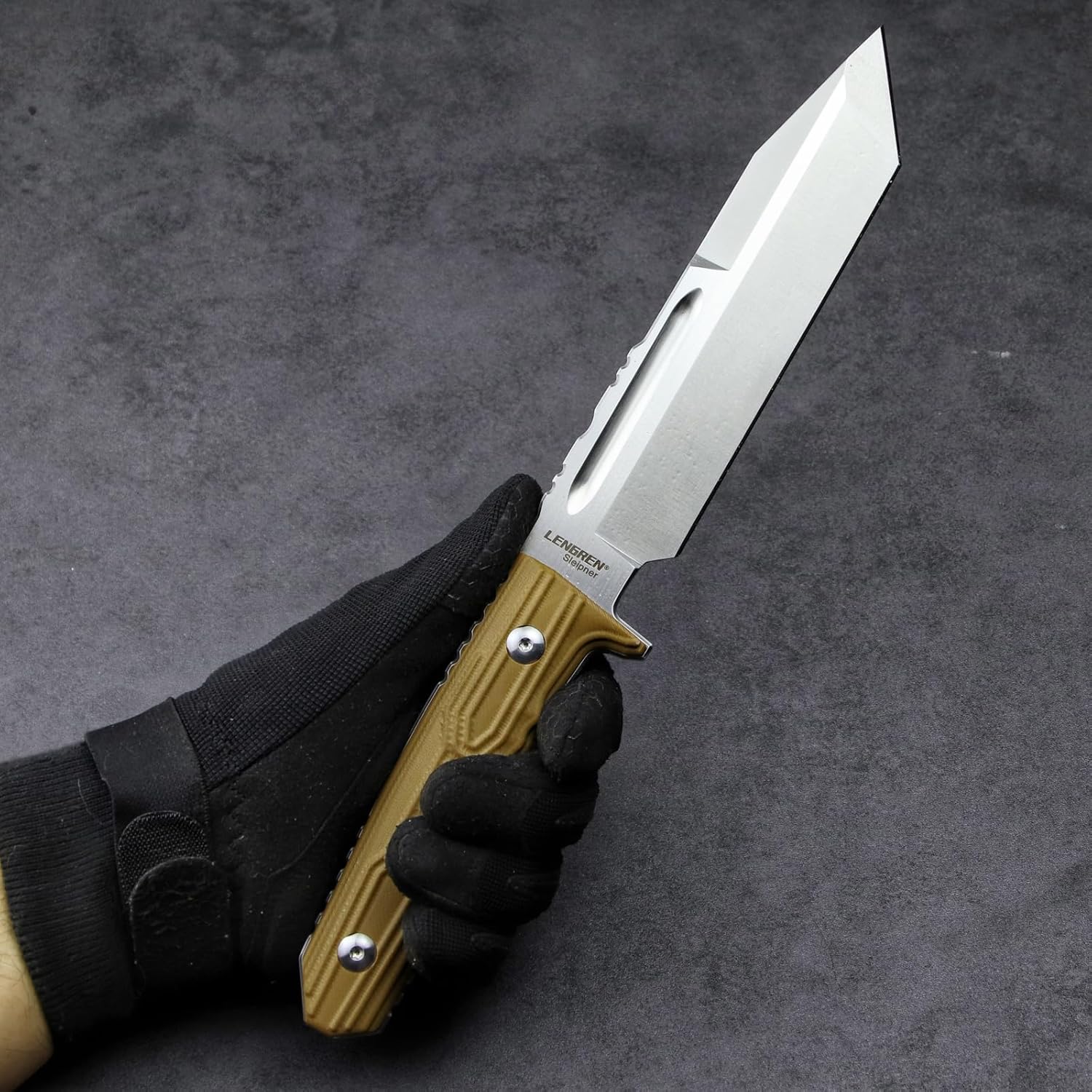 Tactical Fixed Blade Knife, 11.8 inch, Full Tang Tanto Blade with G10 Handle and Kydex Sheath (Khaki handle white blade)