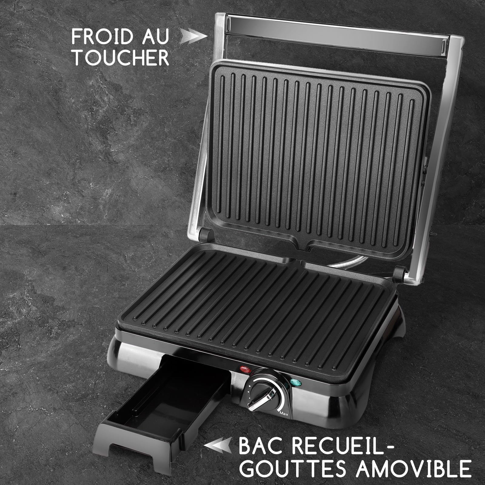 Aigostar Machine à Panini 2000W avec Thermostat Réglable, Ouverture à 180° | Grill électrique avec Plaques Antiadhésives, Bac à graisse amovible, pour Paninis, Sandwichs, Viande et Légumes | Samson