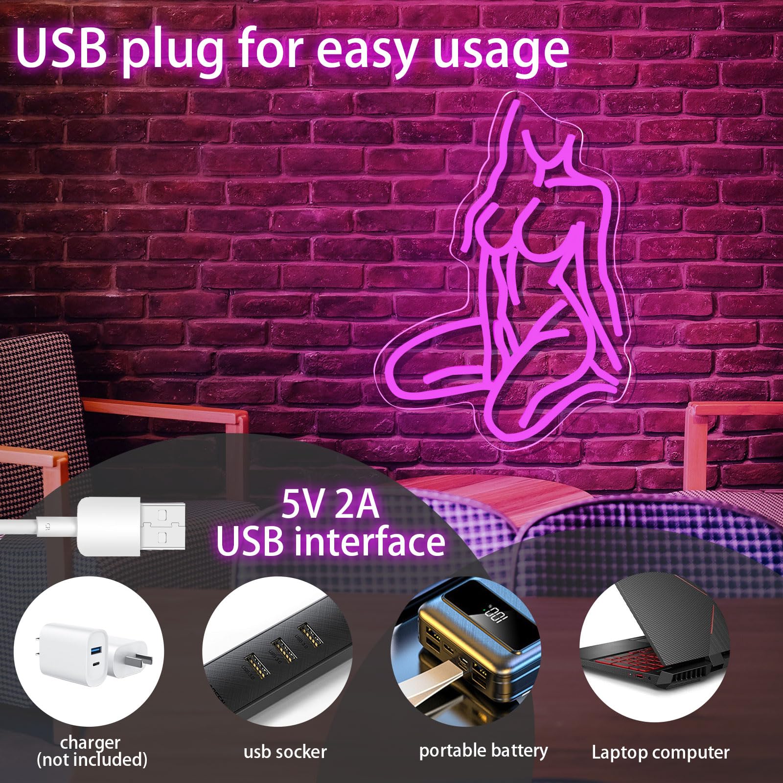 Panneau néon LED pour chambre à coucher, bar, fête, magasin, décoration murale à suspendre, cadeau sexy pour femme, homme, grotte, alimentation USB, rose rouge