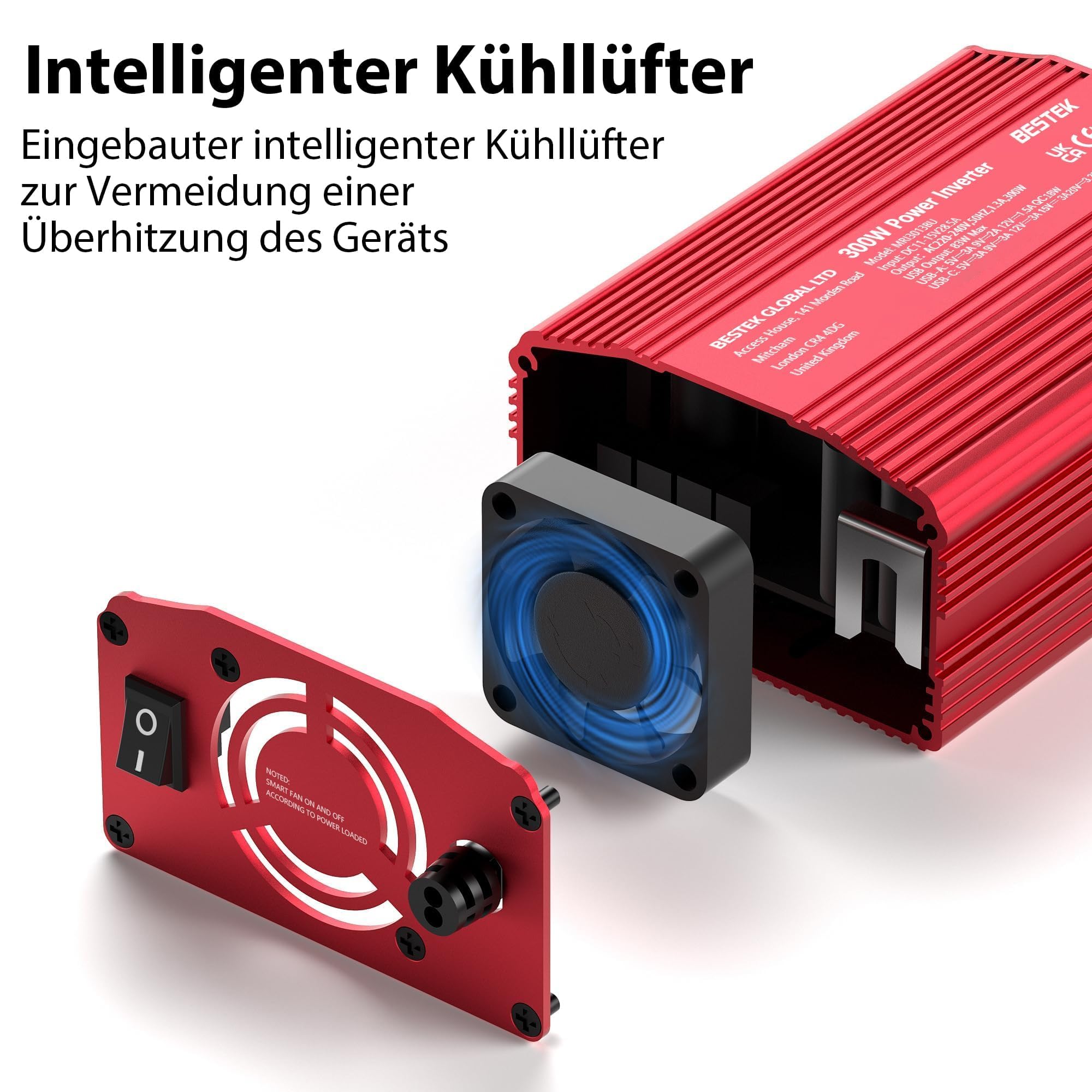 BESTEK 300W Wechselrichter/Spannungswandler 12v 230v /Stromwandler Inverter 12v auf 230v /mit Zertifiziert und Dual USB 4,8 A（PD65W&QC18W） inkl. Kfz Zigarettenanzünder Stecker Rot