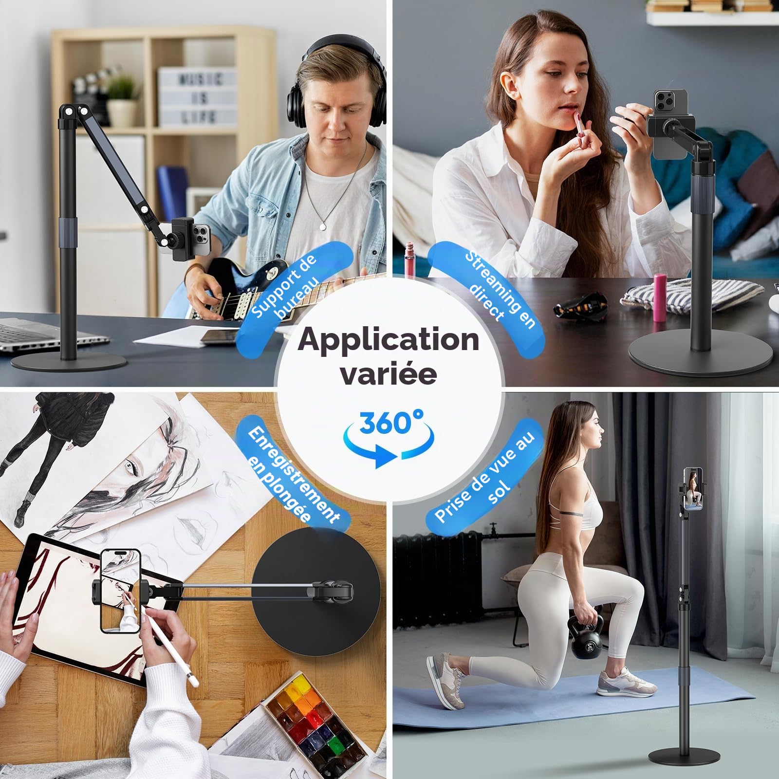 Support Vidéo pour TéLéPhone Portable, Support De TéLéphone De Bureau Réglable à 360°, Base Solide, Compatible avec iPhone/Samsung/Huawei/Xiaomi/Smartphone One Plus