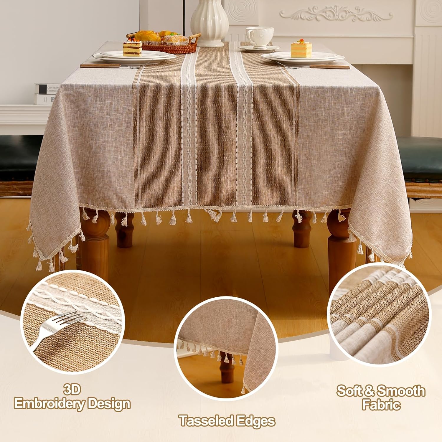 EMART Rectangle Table Cloth - Cotton Linen Waterproof With Tassels | Coffee Stripes 55x70 Inches