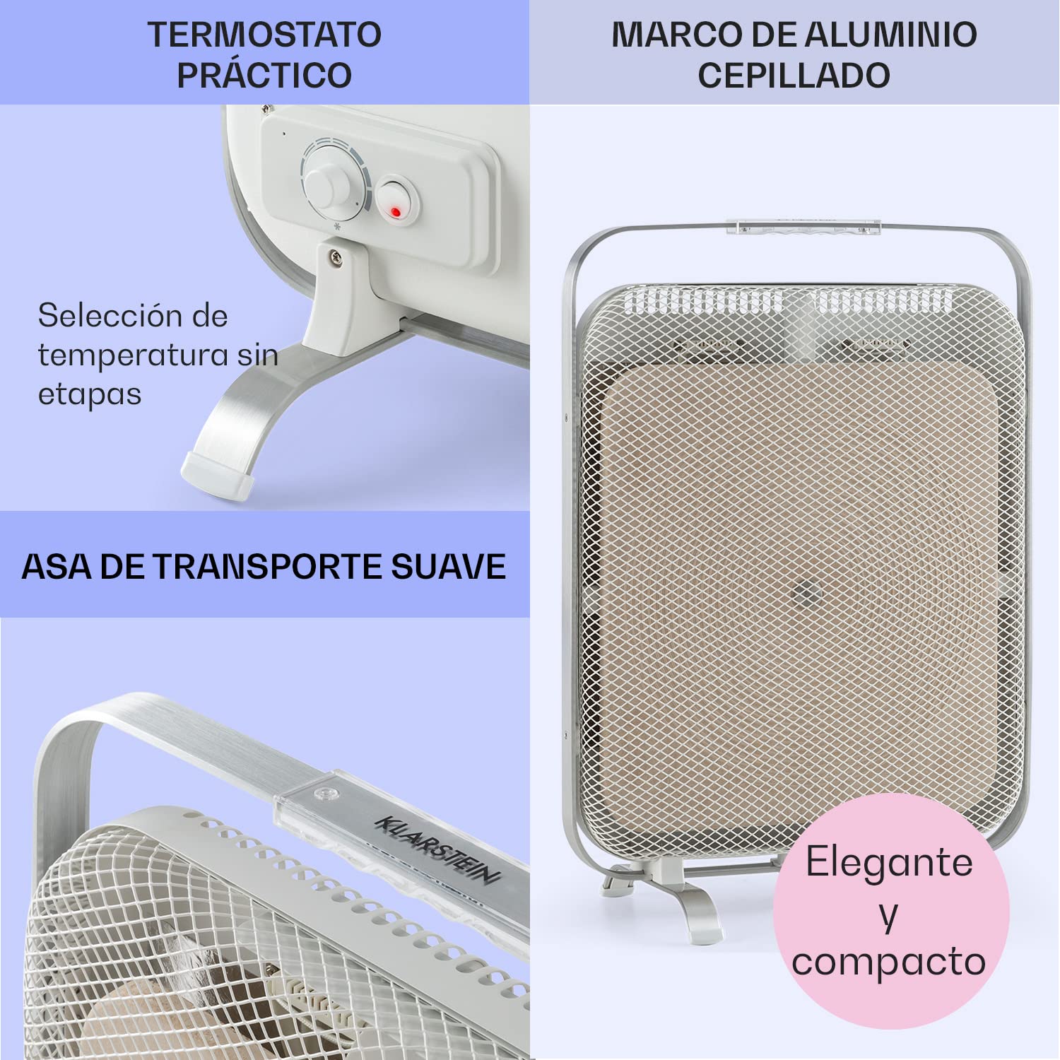 Klarstein Calefactor Infrarrojo 1300W, Panel Calefactor Infrarrojo para Casa, Portátil de Aluminio con Mármol Retenedor de Calor, Termostato, Protección Antihielo, Bajo Consumo